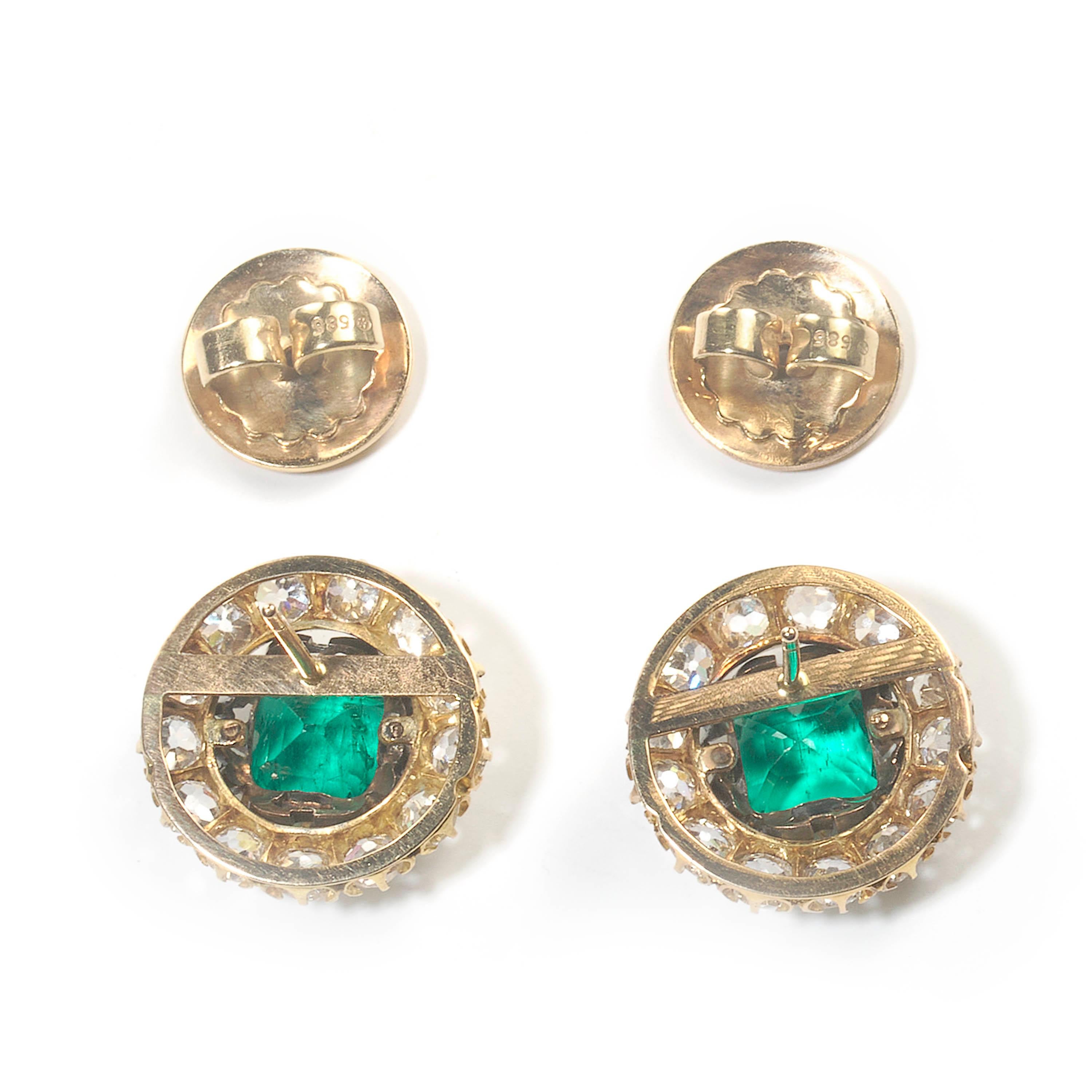 Antike kolumbianische Smaragd-, Diamant- und Goldohrringe (Alteuropäischer Brillantschliff) im Angebot