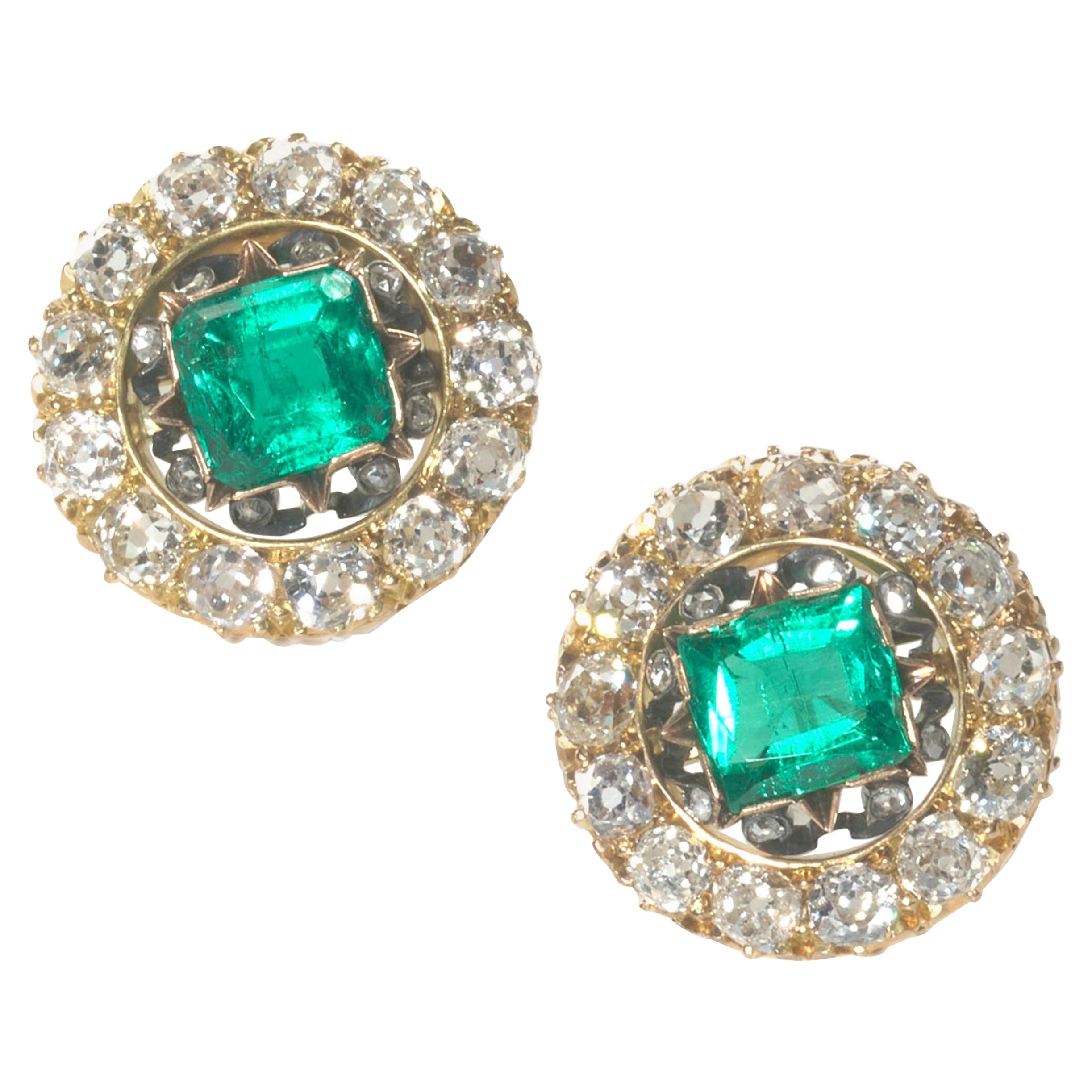 Antique Colombian Emerald, Diamond and Gold Earrings