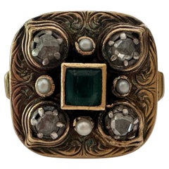 Antique Colombian Emerald Diamond and Pearl Cocktail Ring
