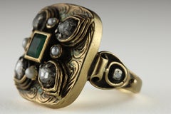 Antique Colombian Emerald Diamond and Seed Pearl Square Cocktail Ring