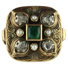 Antique Colombian Emerald Diamond and Seed Pearl Square Cocktail Ring