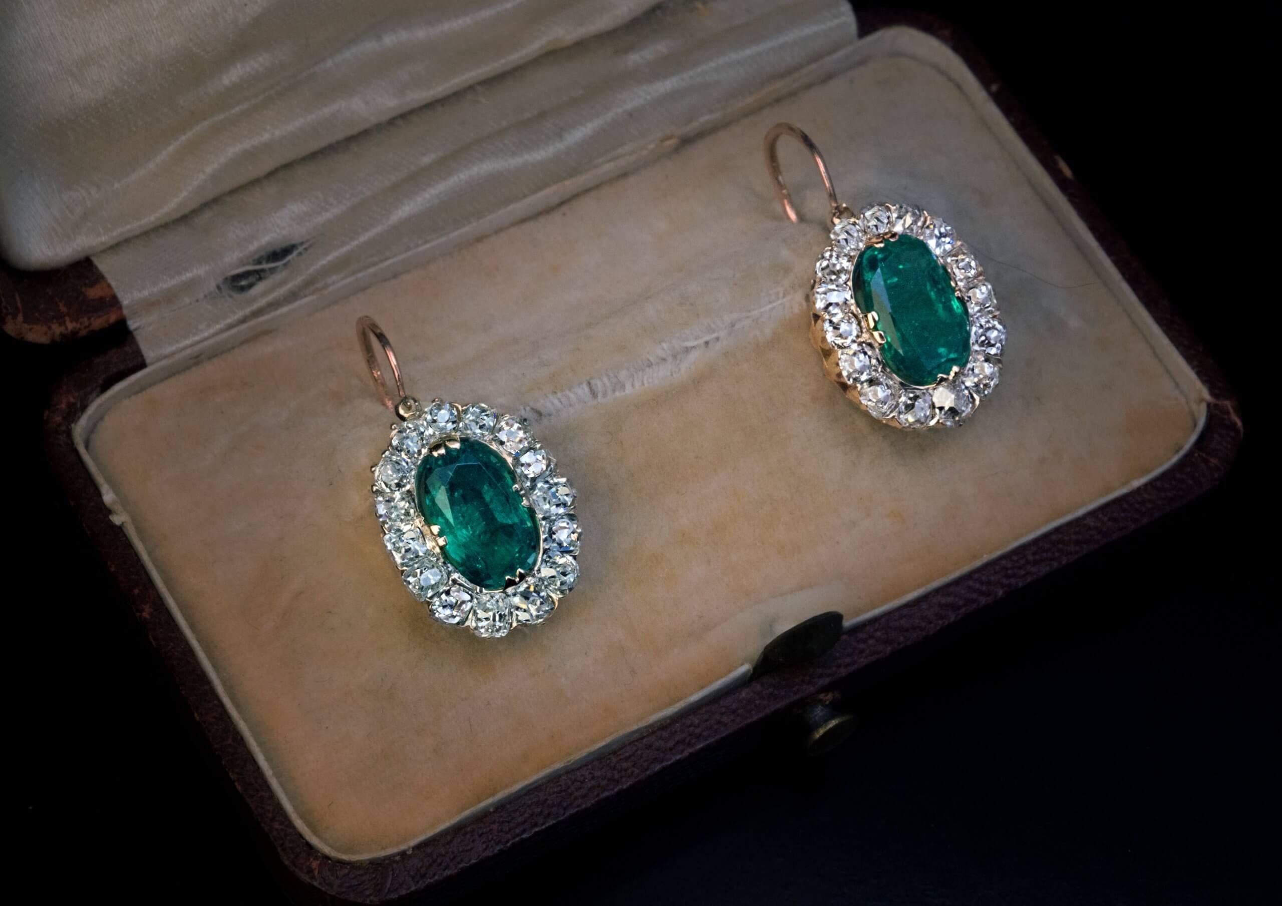 Old Mine Cut Antique Colombian Emerald Diamond Cluster Earrings