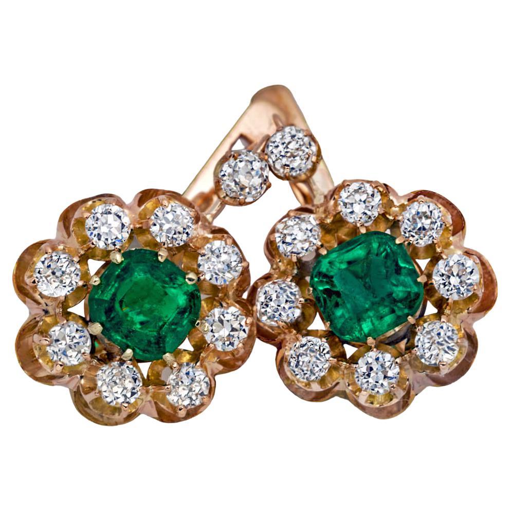 Antique Colombian Emerald Diamond Cluster Earrings