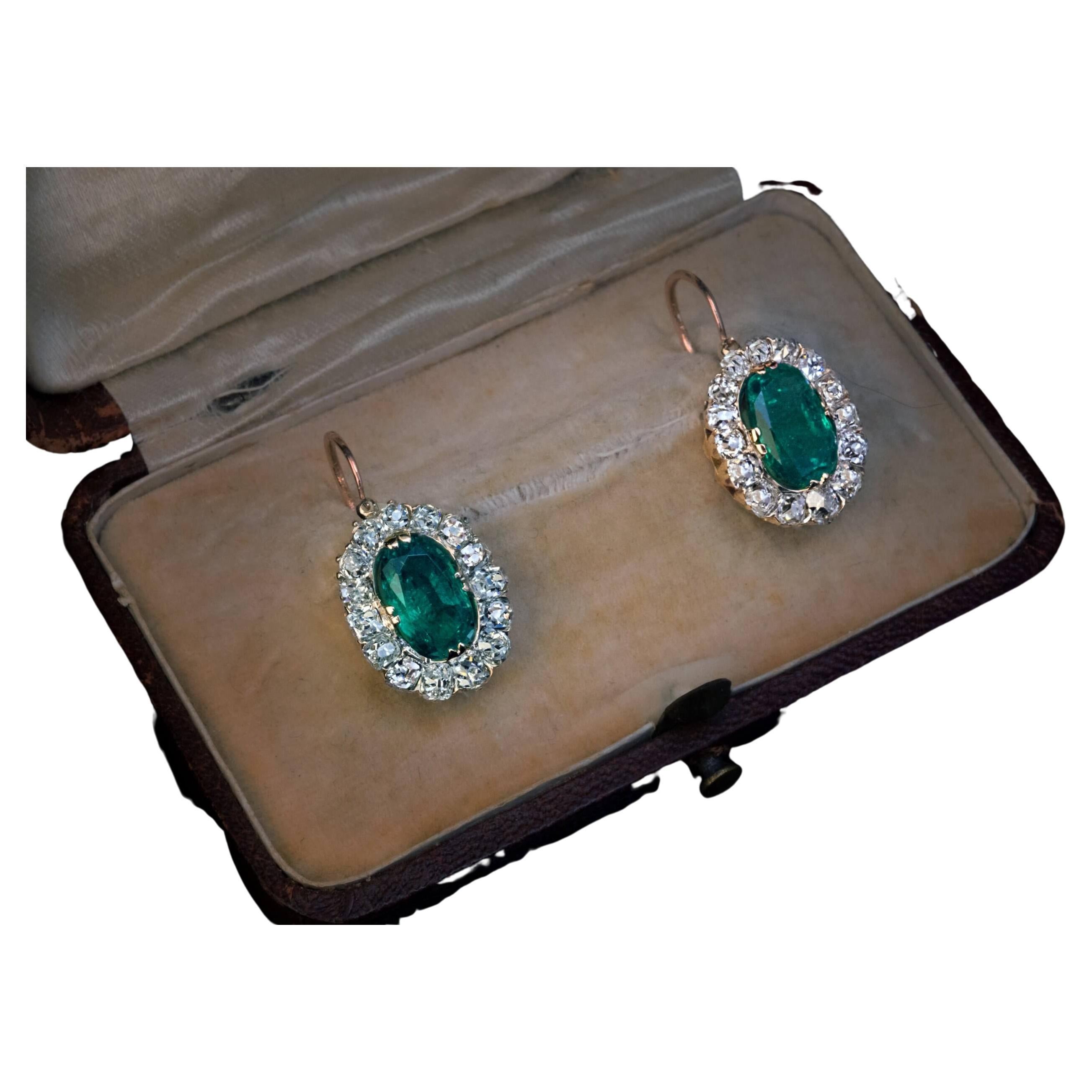 Antique Colombian Emerald Diamond Cluster Earrings