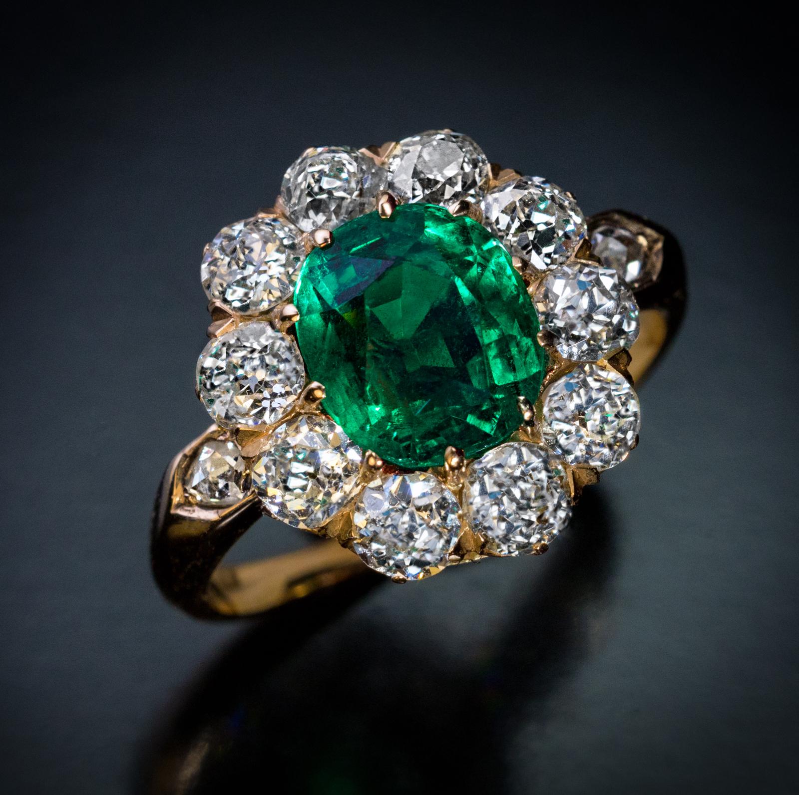 Emerald Cut Antique Colombian Emerald Diamond Engagement Cluster Ring