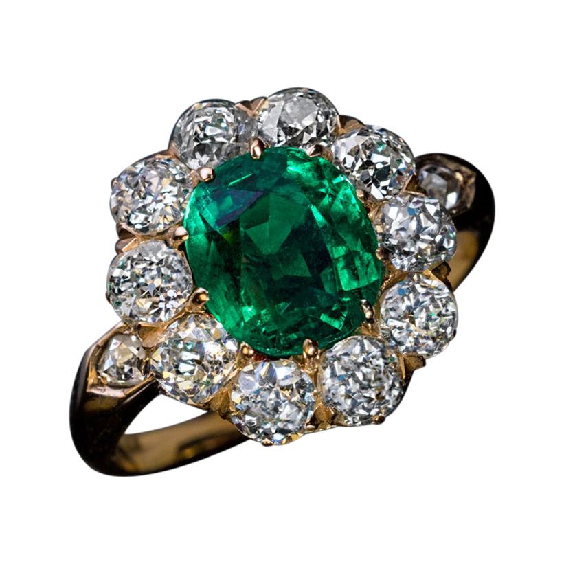 Antique Colombian Emerald Diamond Engagement Cluster Ring