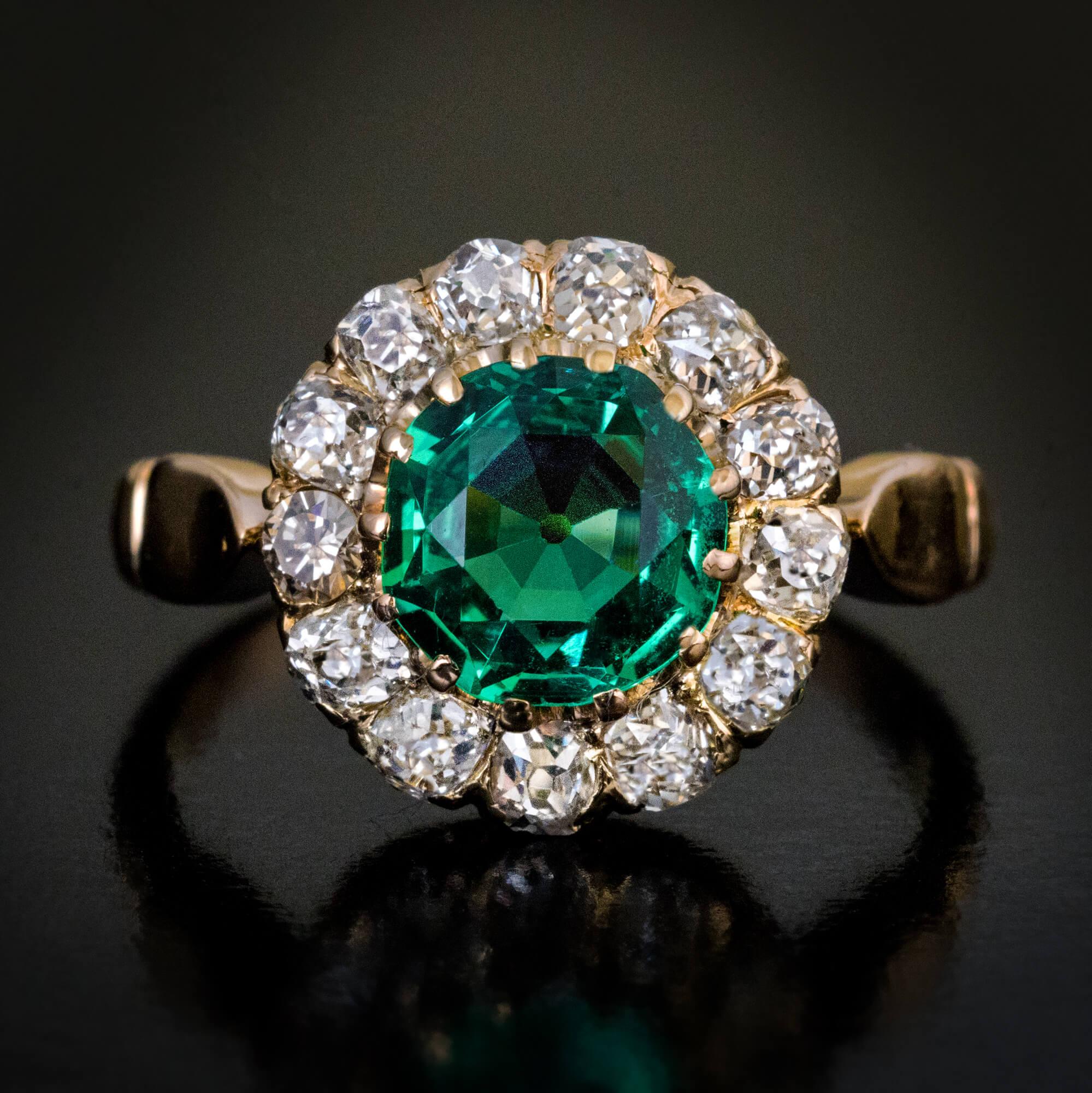 Round Cut Antique Colombian Emerald Diamond Engagement Ring