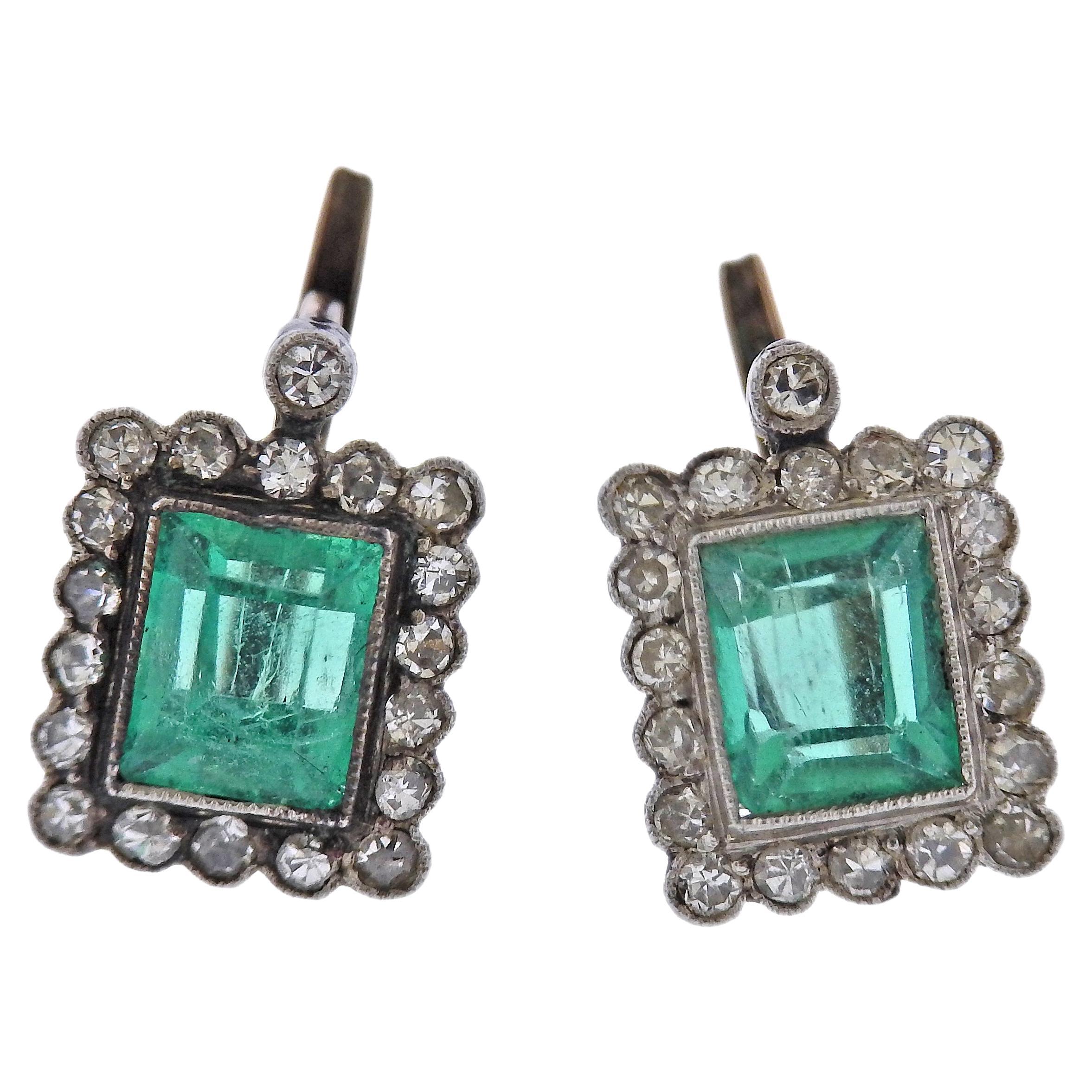 Antique Colombian Emerald Diamond Gold Earrings For Sale