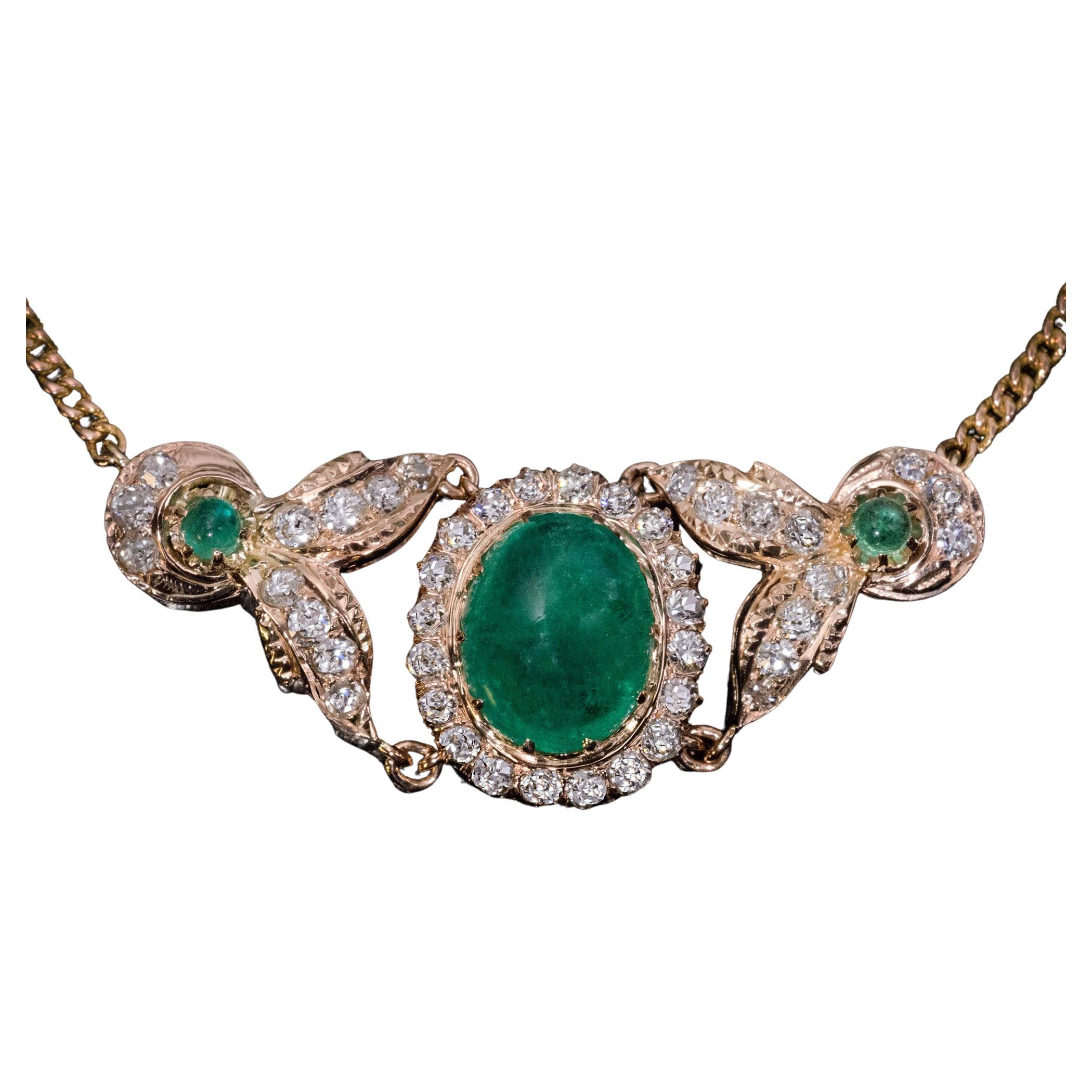 Antique Colombian Emerald Diamond Gold Necklace