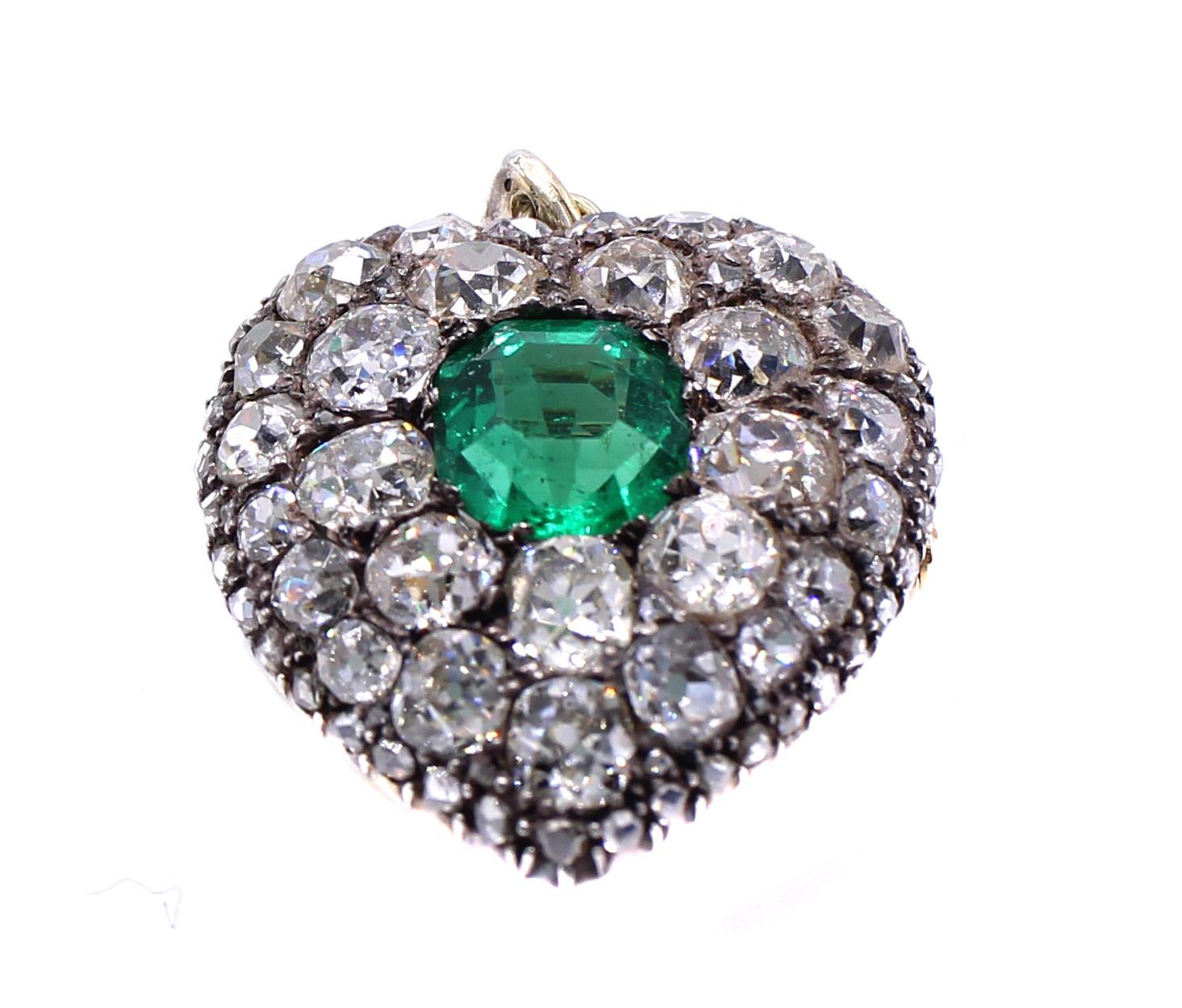 Antike kolumbianische No-Oil Smaragd alte Mine Diamant-Anhänger Brosche (Viktorianisch) im Angebot