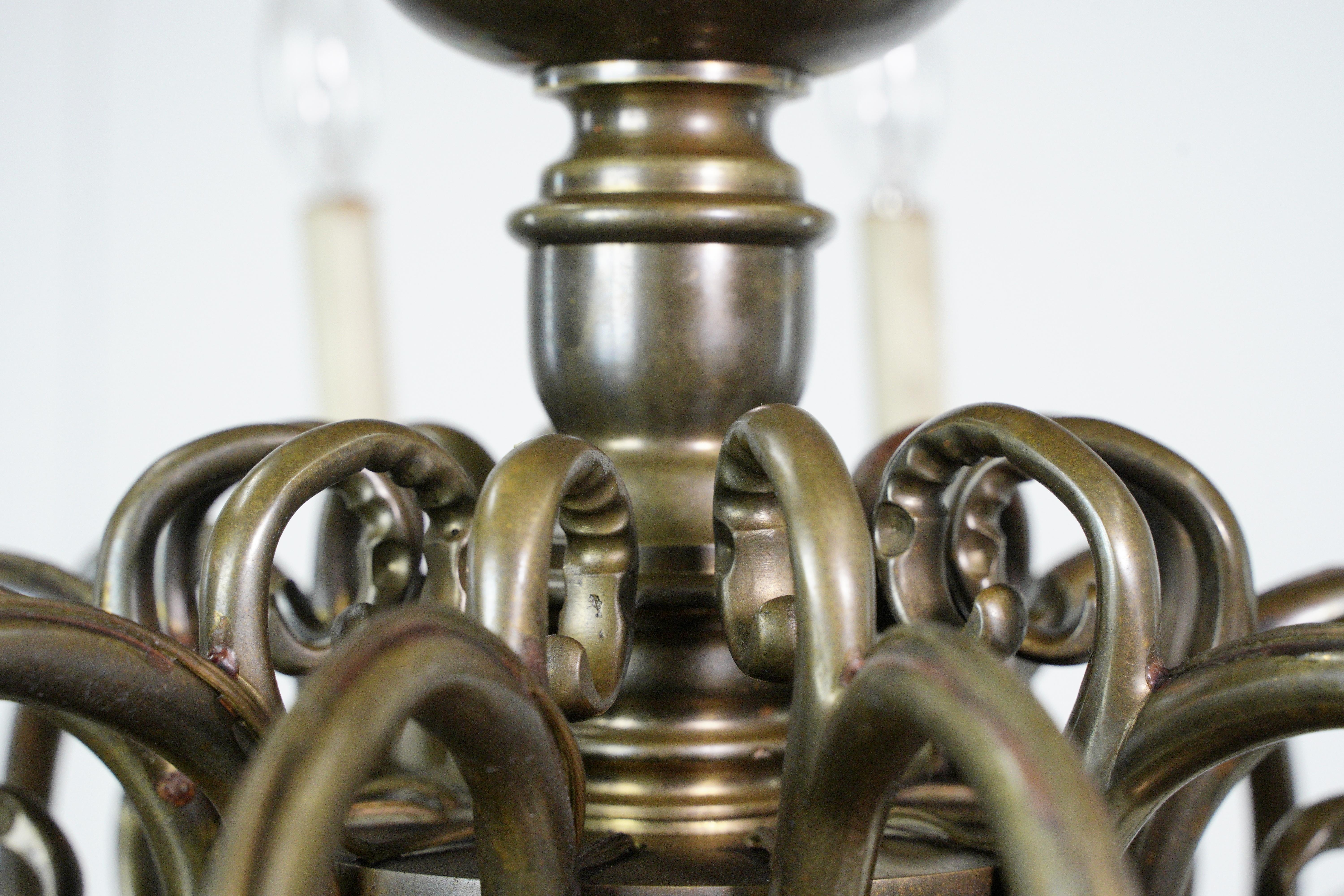 Antique Colonial 12 Arm Bronze Chandelier For Sale 5