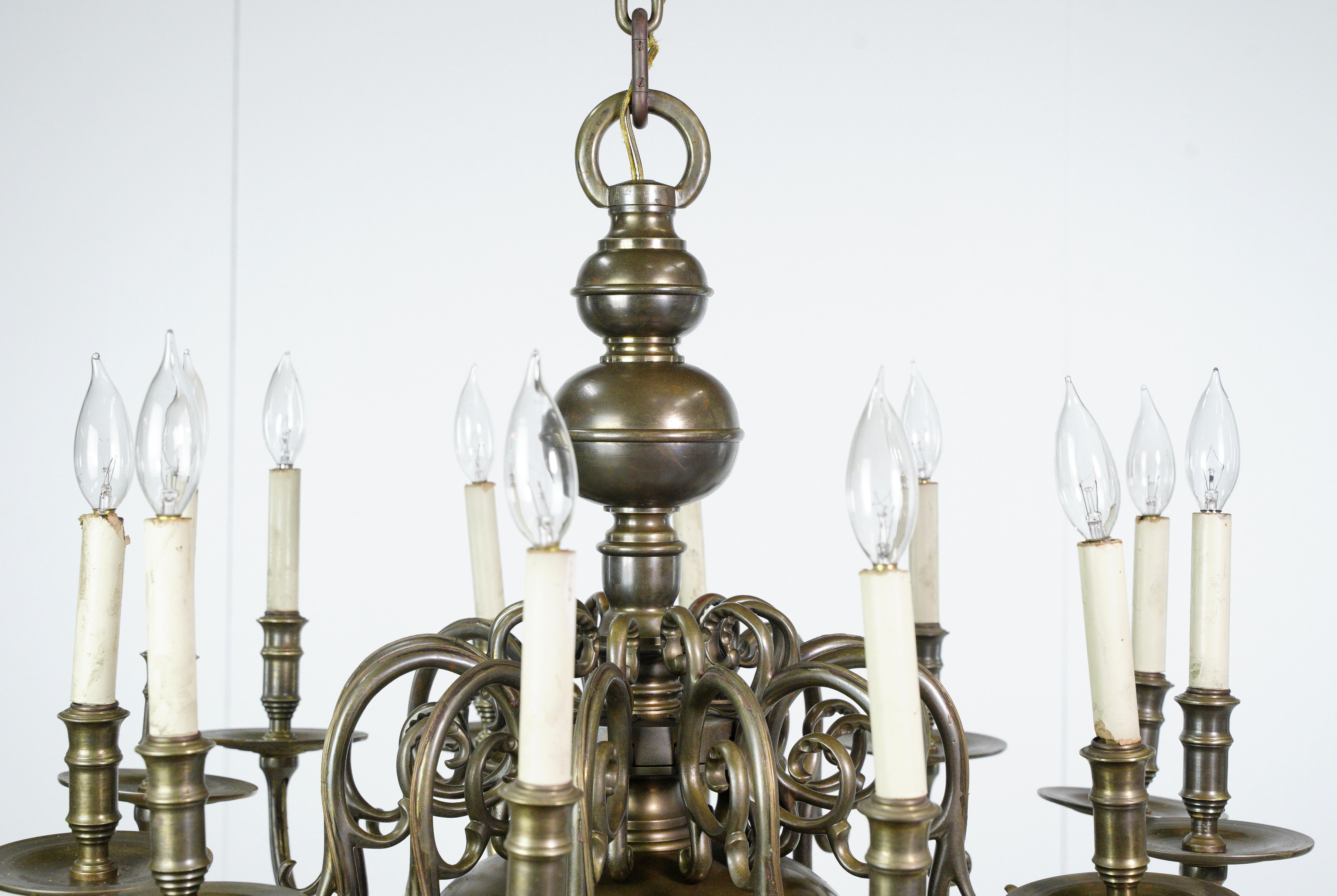 American Colonial Antique Colonial 12 Arm Bronze Chandelier For Sale