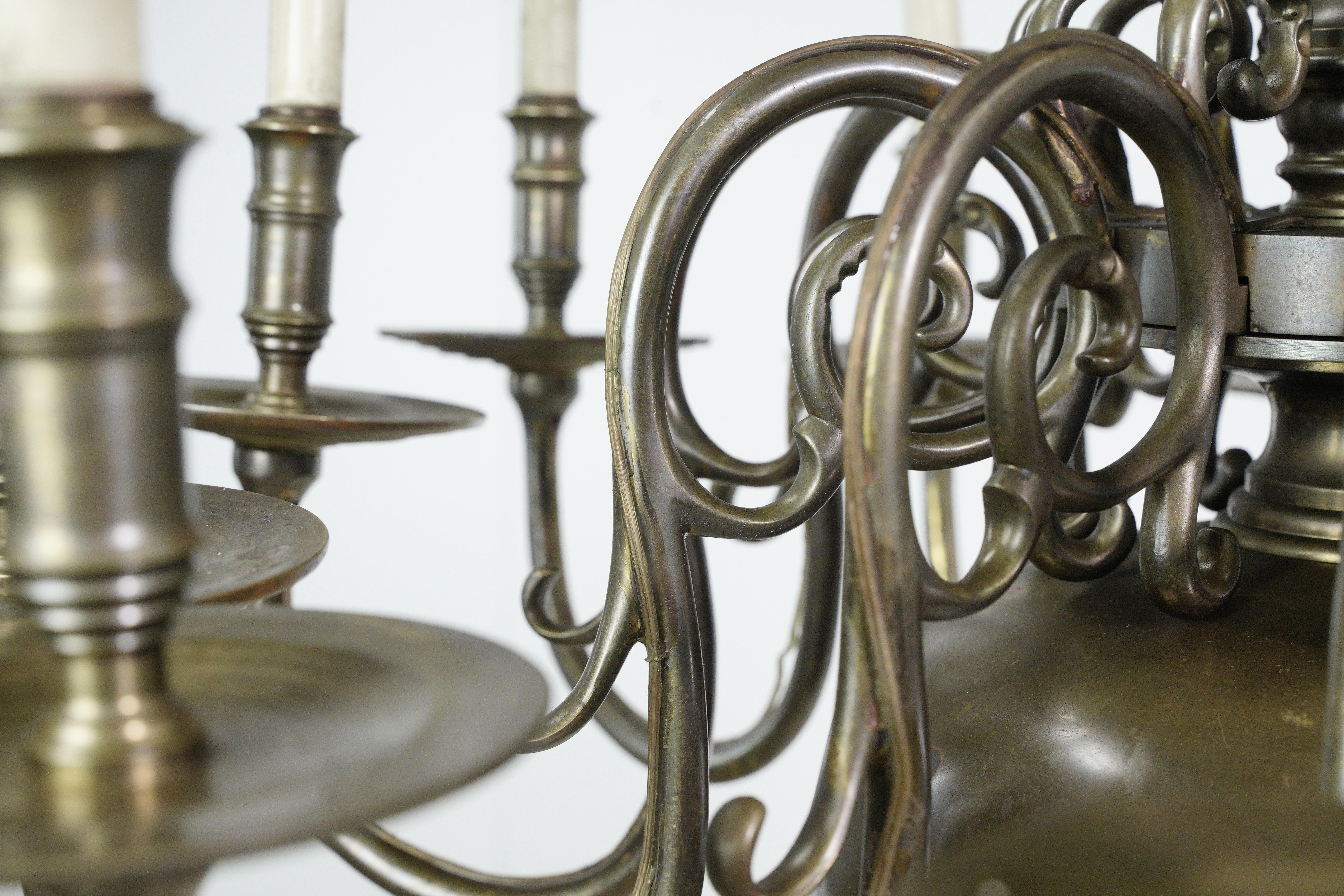 Antique Colonial 12 Arm Bronze Chandelier For Sale 2
