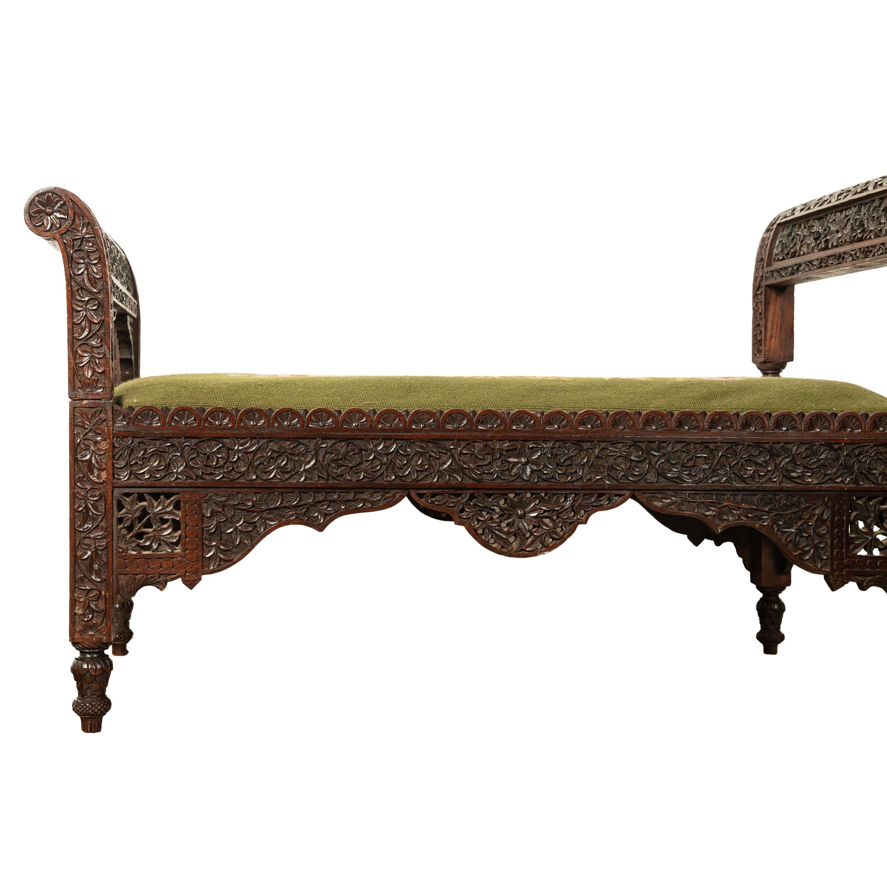 Antique Colonial Anglo Indian Carved Rosewood Window Seat Bench Needlepoint 1860 For Sale 8