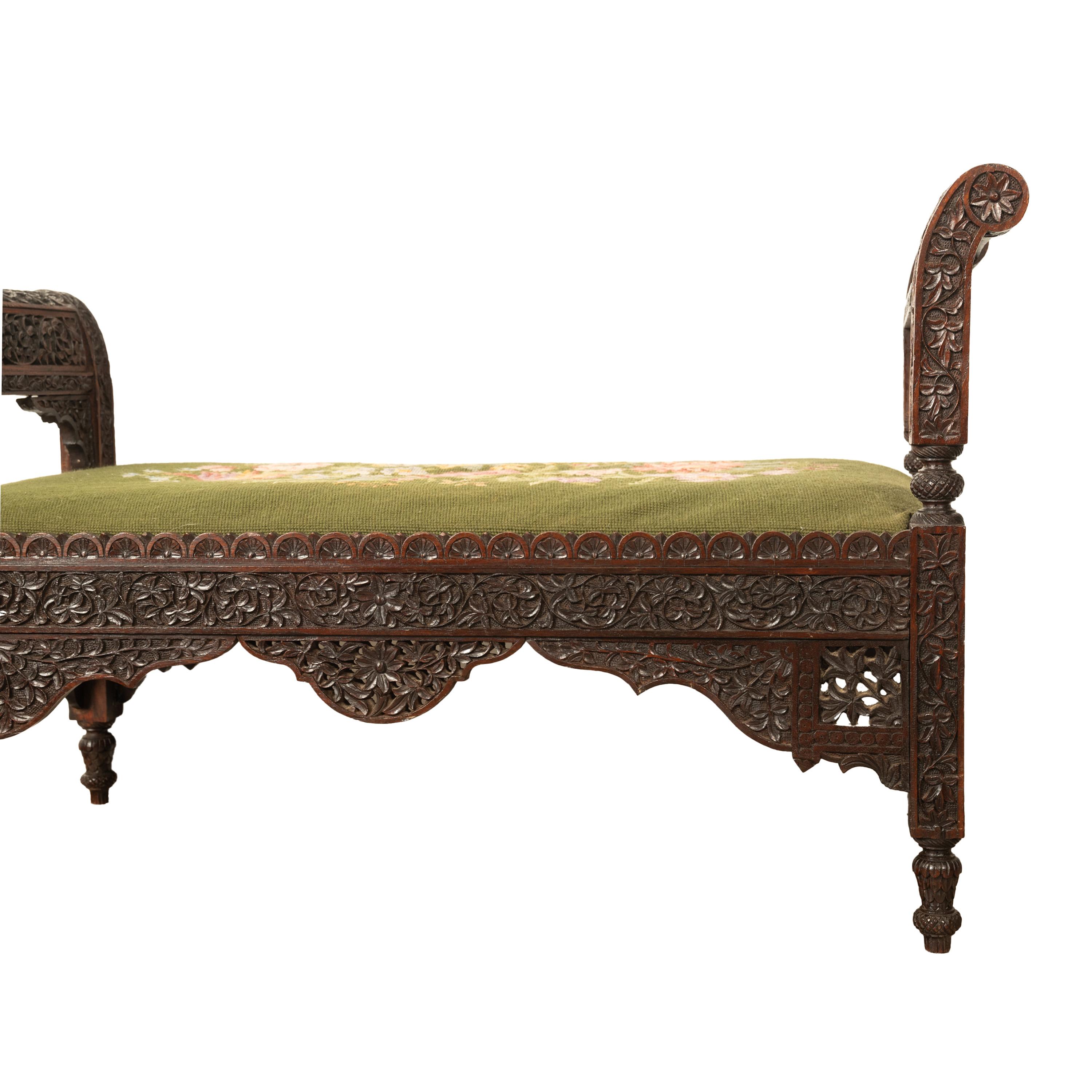 Antique Colonial Anglo Indian Carved Rosewood Window Seat Bench Needlepoint 1860 For Sale 9