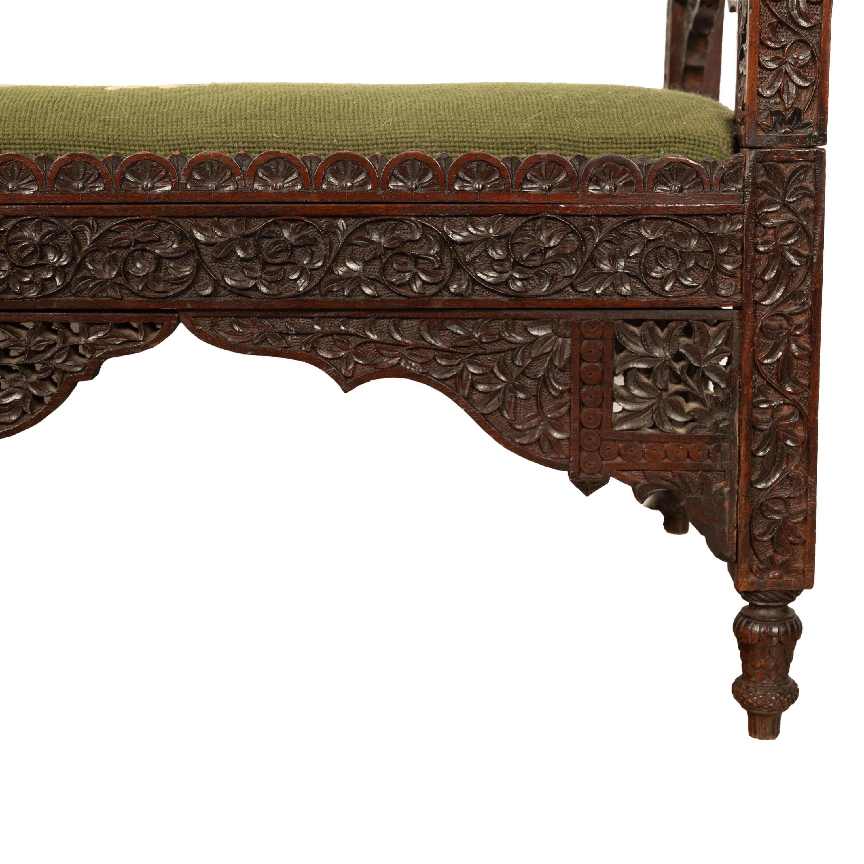 Antique Colonial Anglo Indian Carved Rosewood Window Seat Bench Needlepoint 1860 For Sale 10