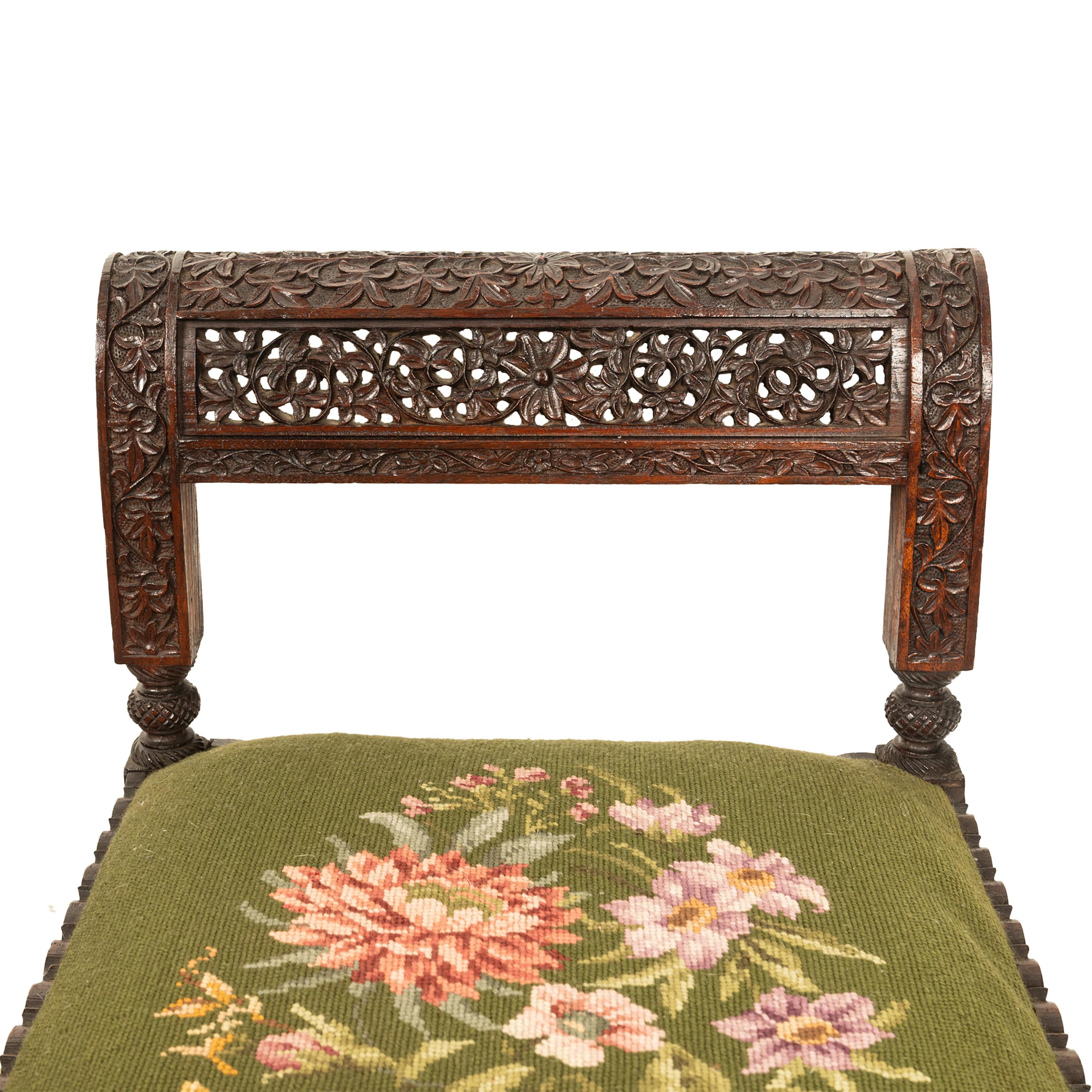 Antique Colonial Anglo Indian Carved Rosewood Window Seat Bench Needlepoint 1860 For Sale 11