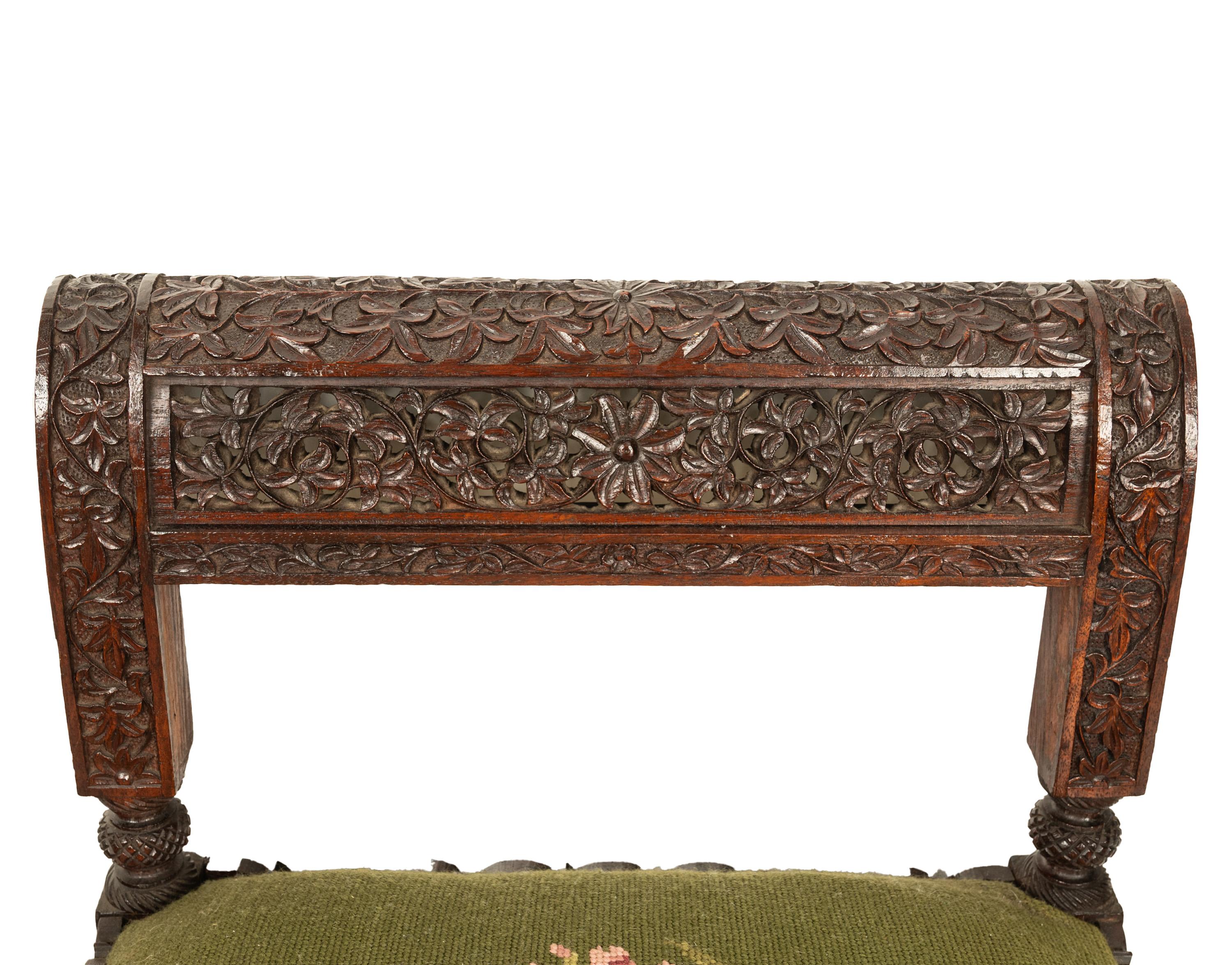 Antique Colonial Anglo Indian Carved Rosewood Window Seat Bench Needlepoint 1860 For Sale 13