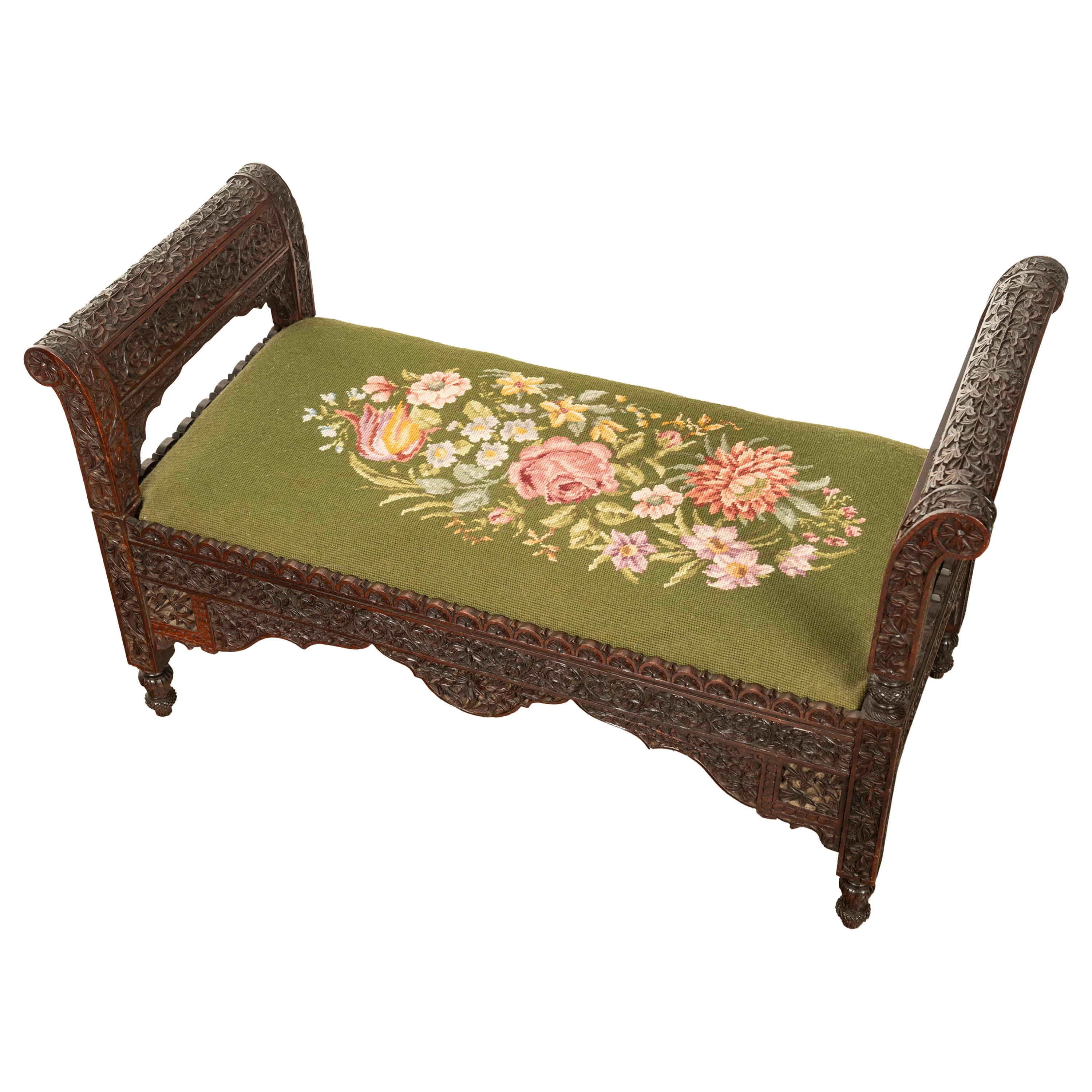 Antique Colonial Anglo Indian Carved Rosewood Window Seat Bench Needlepoint 1860 For Sale 14