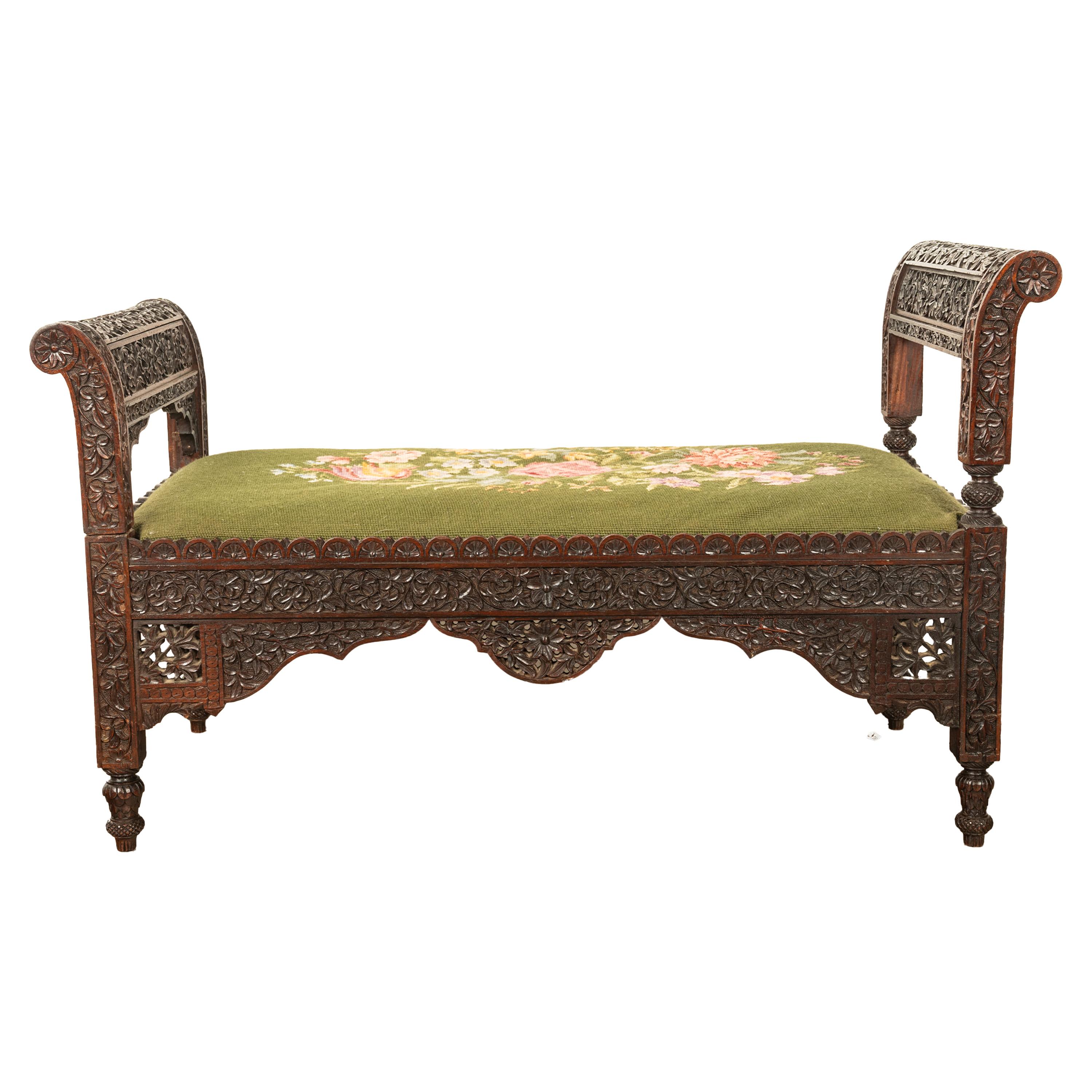 Antique Colonial Anglo Indian Carved Rosewood Window Seat Bench Needlepoint 1860 For Sale 14