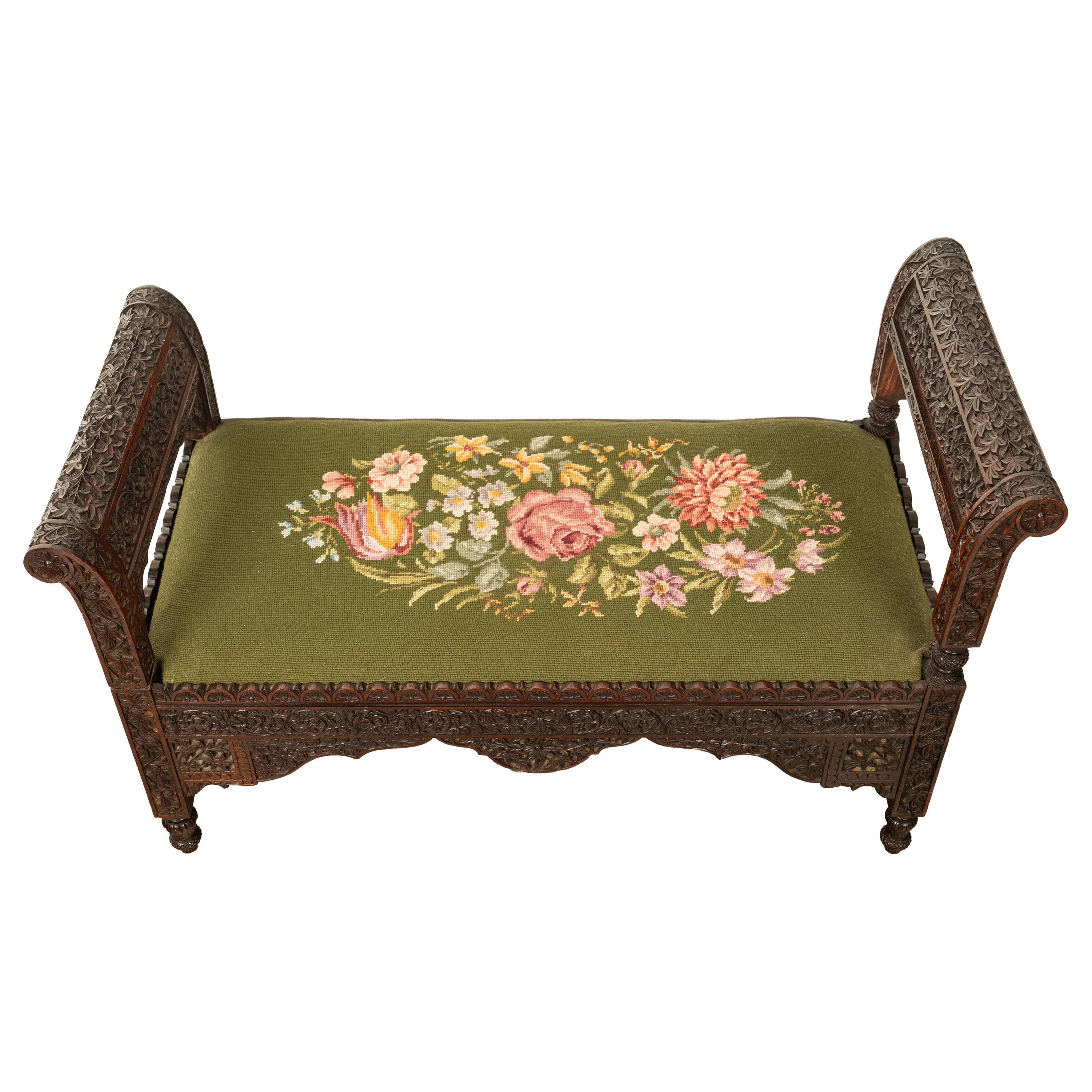 Anglo-Indian Antique Colonial Anglo Indian Carved Rosewood Window Seat Bench Needlepoint 1860 For Sale
