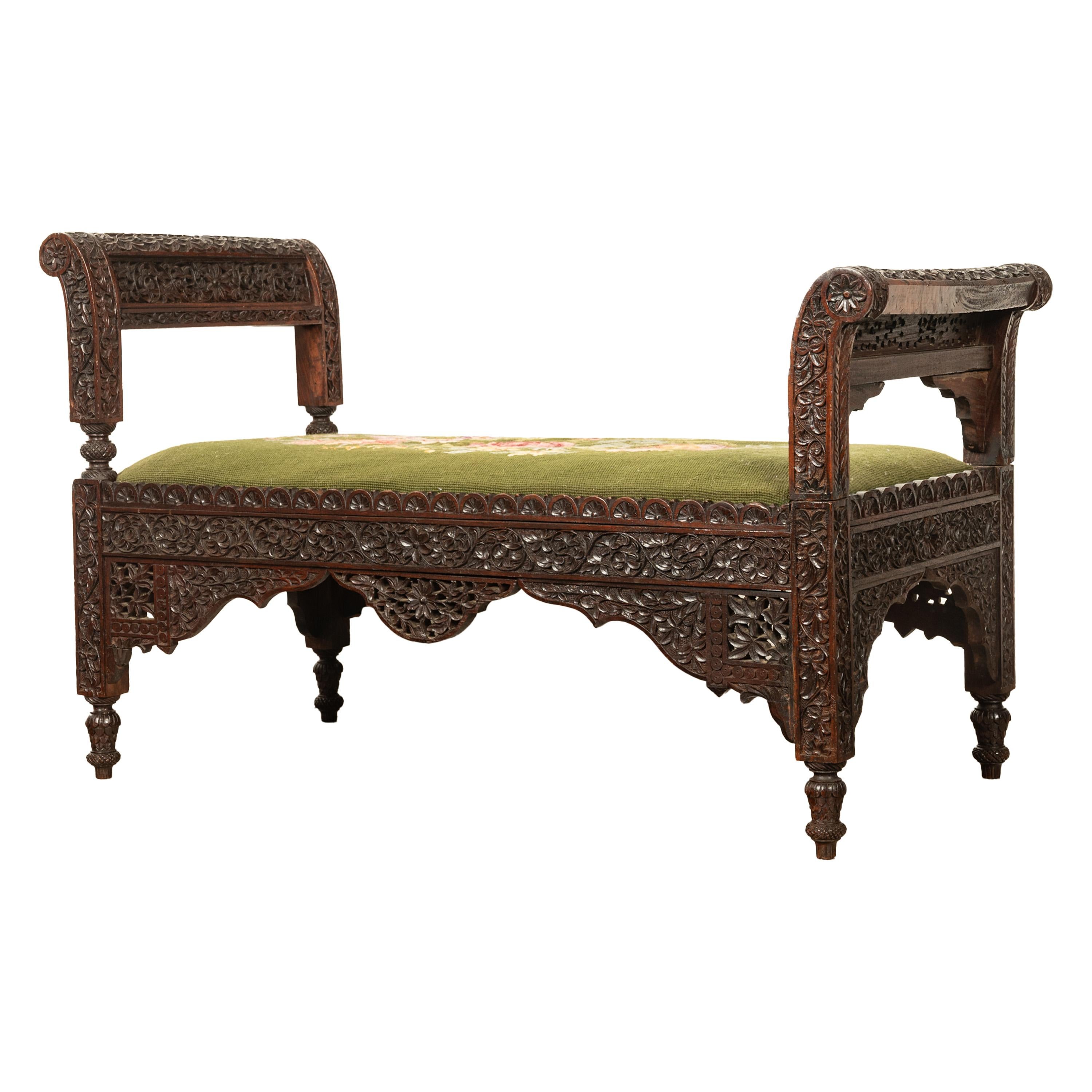 Antique Colonial Anglo Indian Carved Rosewood Window Seat Bench Needlepoint 1860 In Good Condition For Sale In Portland, OR