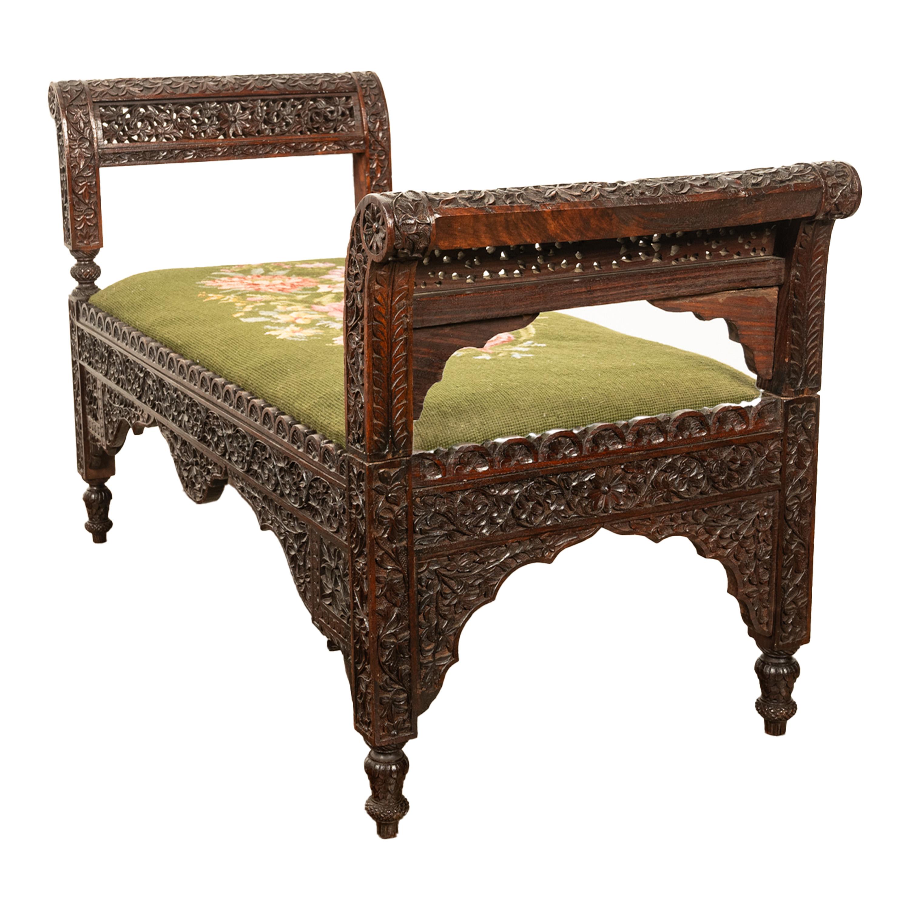 Mid-19th Century Antique Colonial Anglo Indian Carved Rosewood Window Seat Bench Needlepoint 1860 For Sale