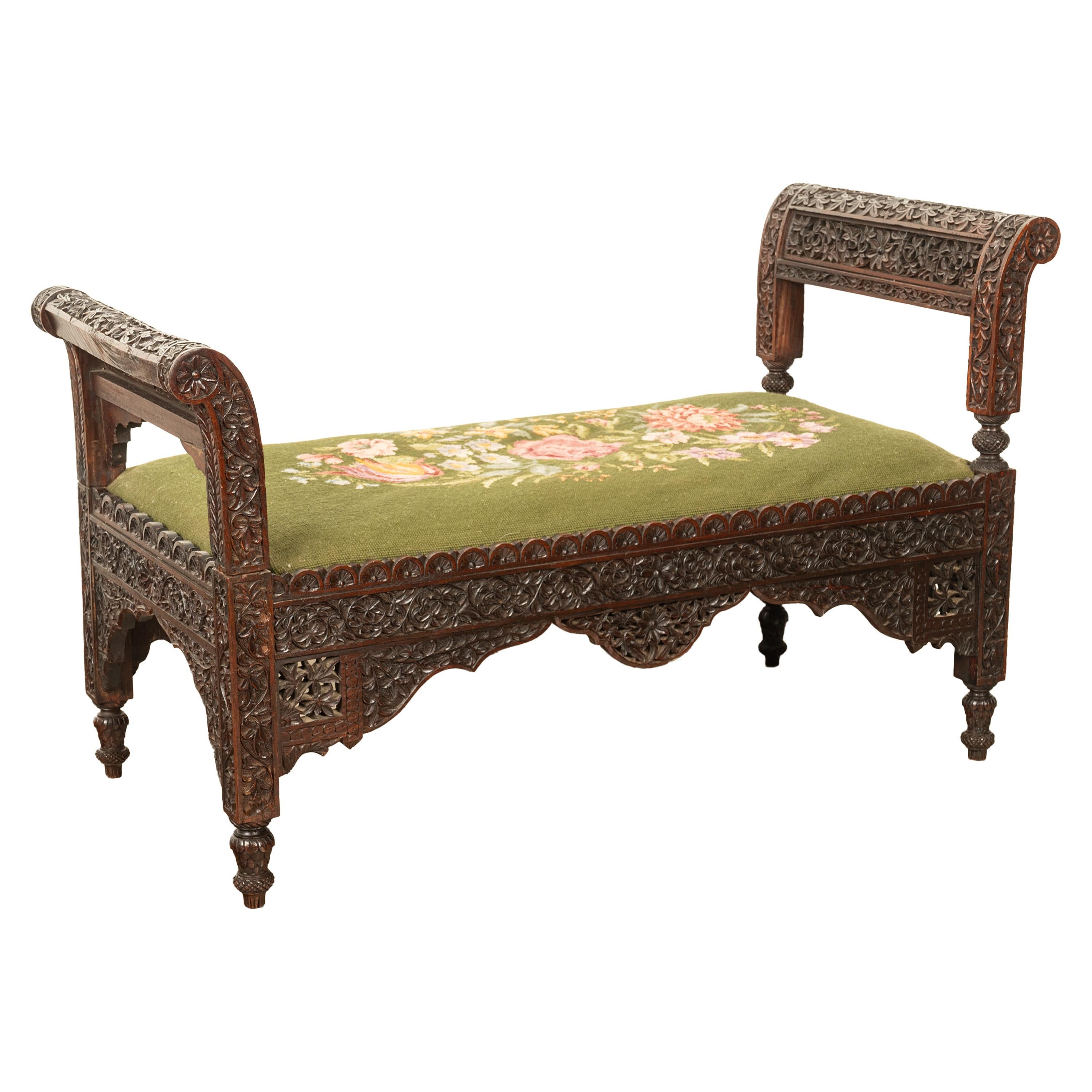 Antique Colonial Anglo Indian Carved Rosewood Window Seat Bench Needlepoint 1860 For Sale 1