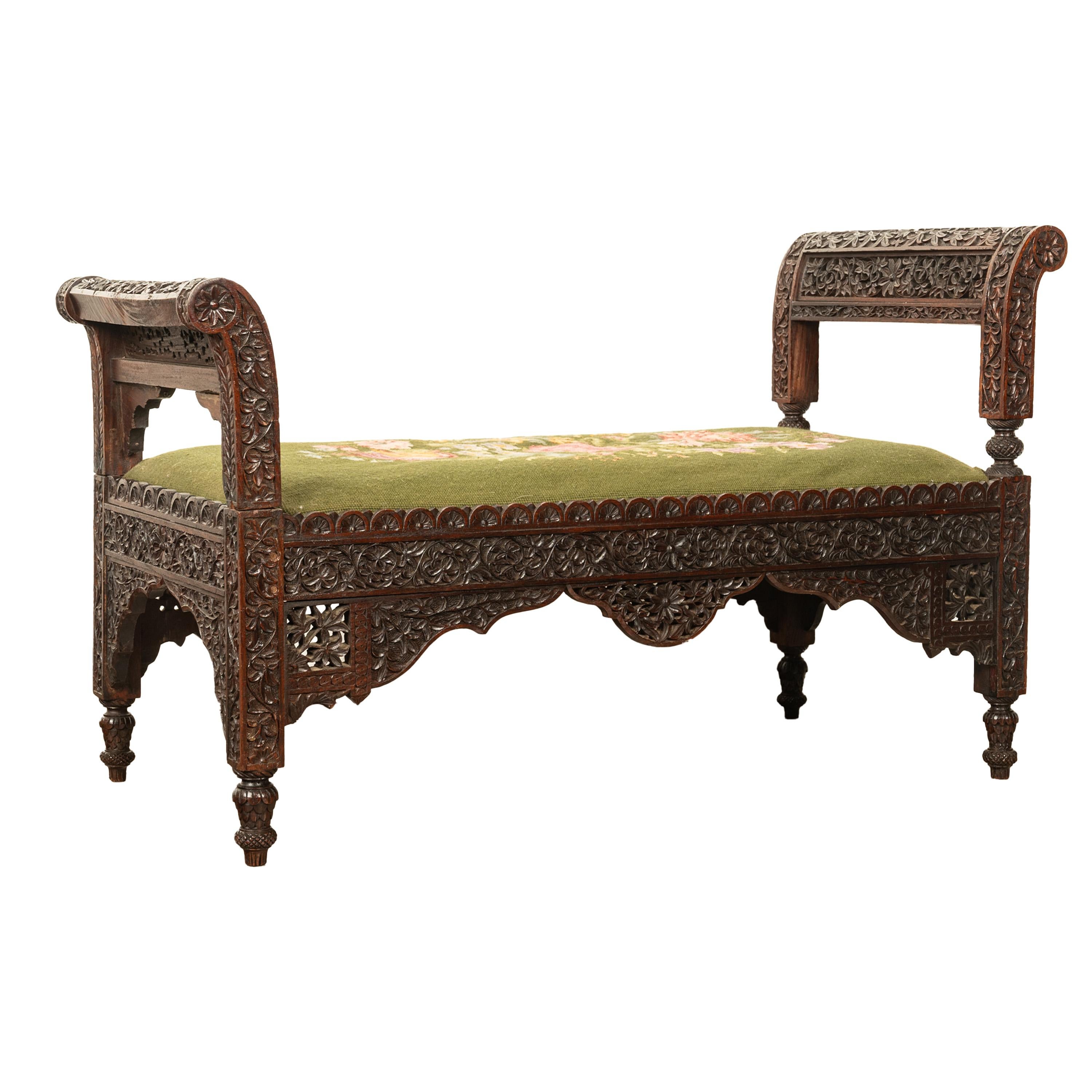 Antique Colonial Anglo Indian Carved Rosewood Window Seat Bench Needlepoint 1860 For Sale 2