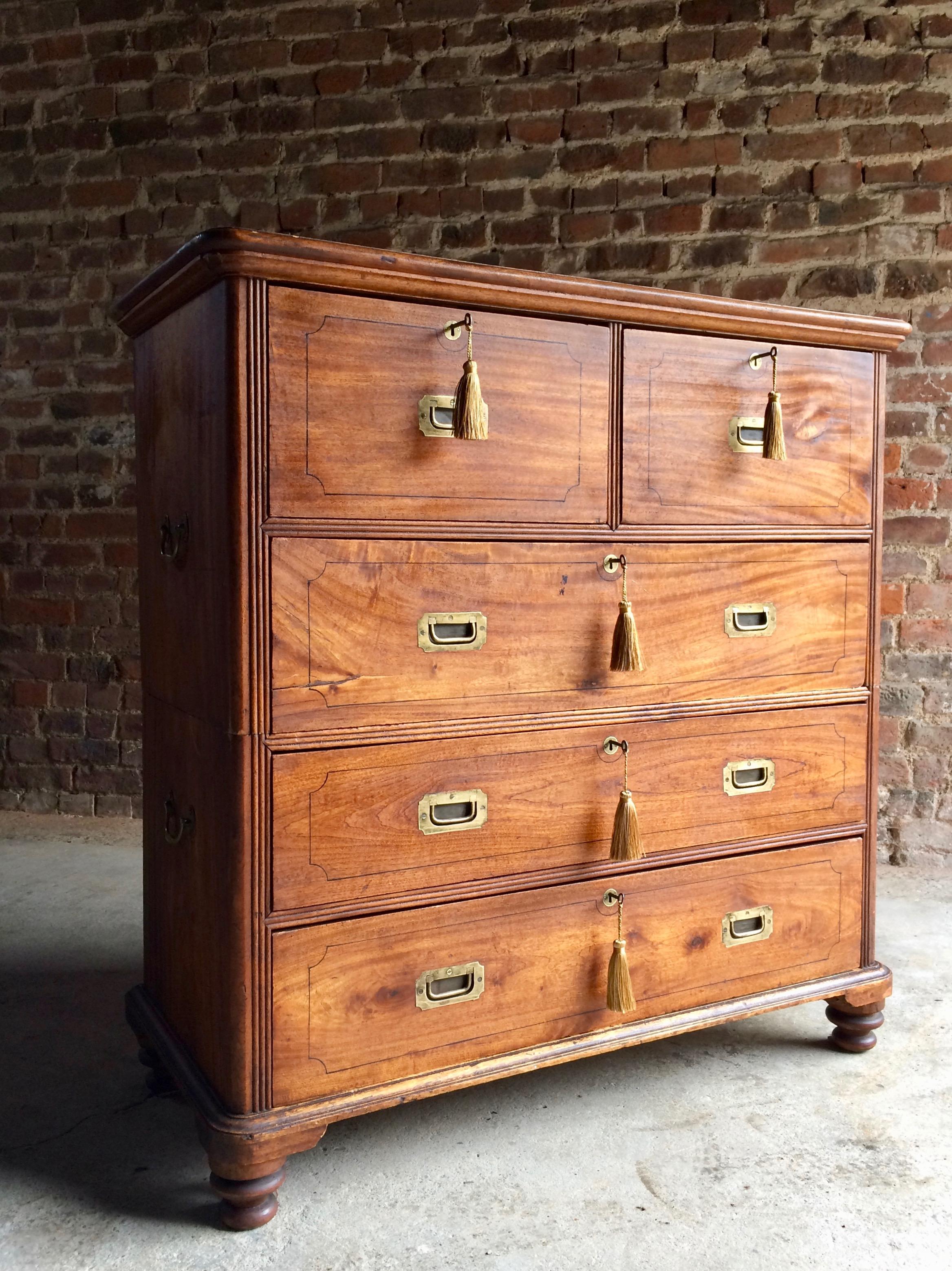 Antique Colonial Campaign Chest of Drawers Dresser Camphor Wood Victorian No.11 In Distressed Condition In Longdon, Tewkesbury