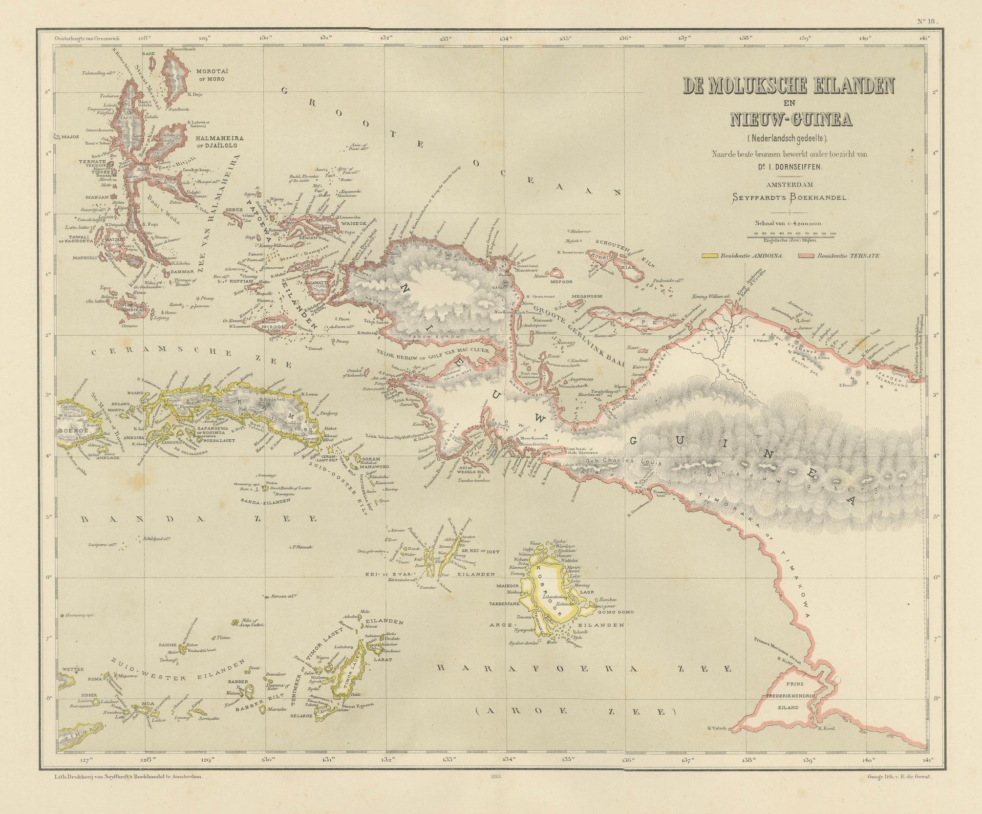 Antiguo Mapa Colonial Holandés de las Molucas y Nueva Guinea por Dornseiffen, 1884 en venta 3