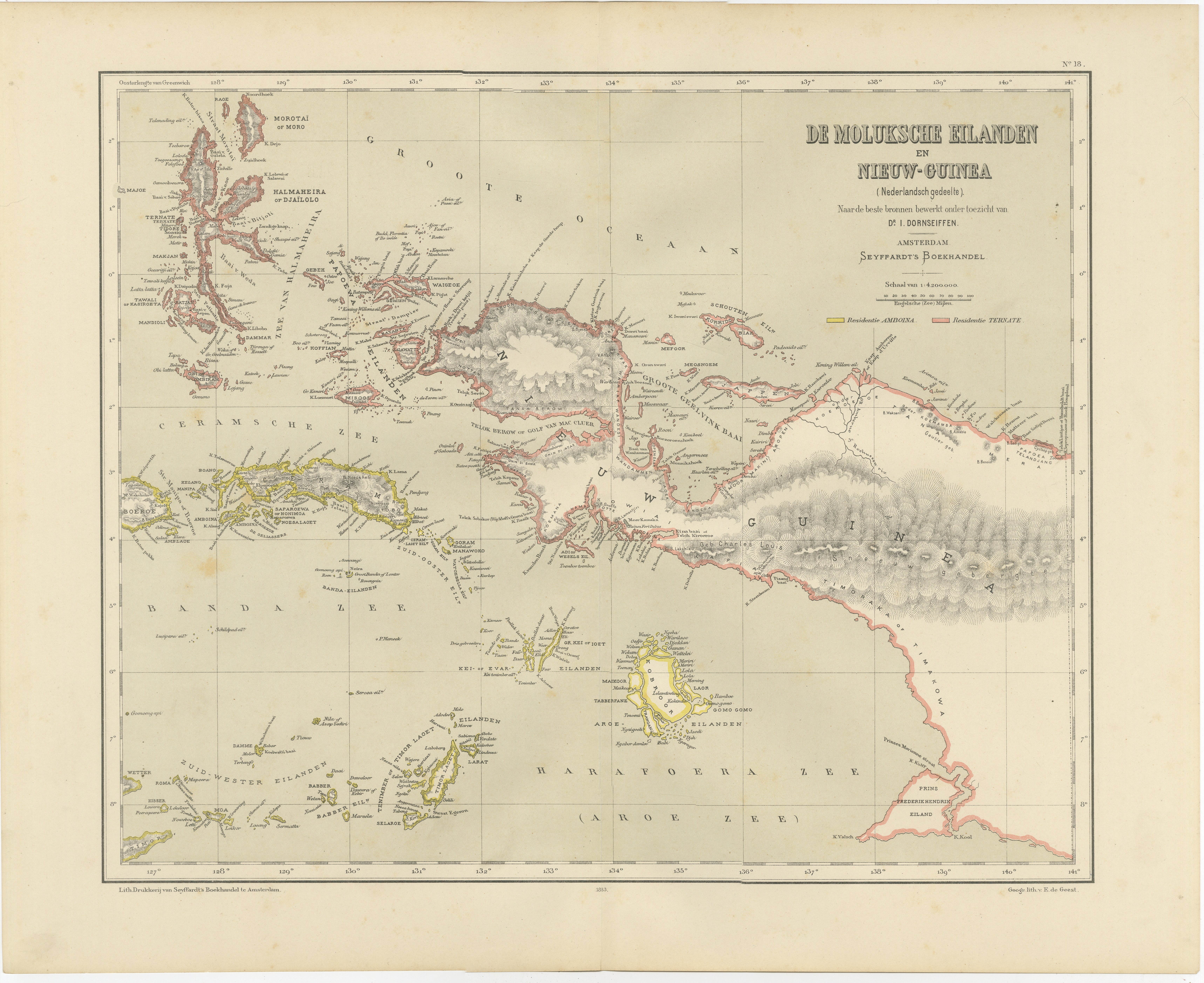 Antique Colonial Dutch Map of the Moluccas
New Guinea by Dornseiffen, 1884