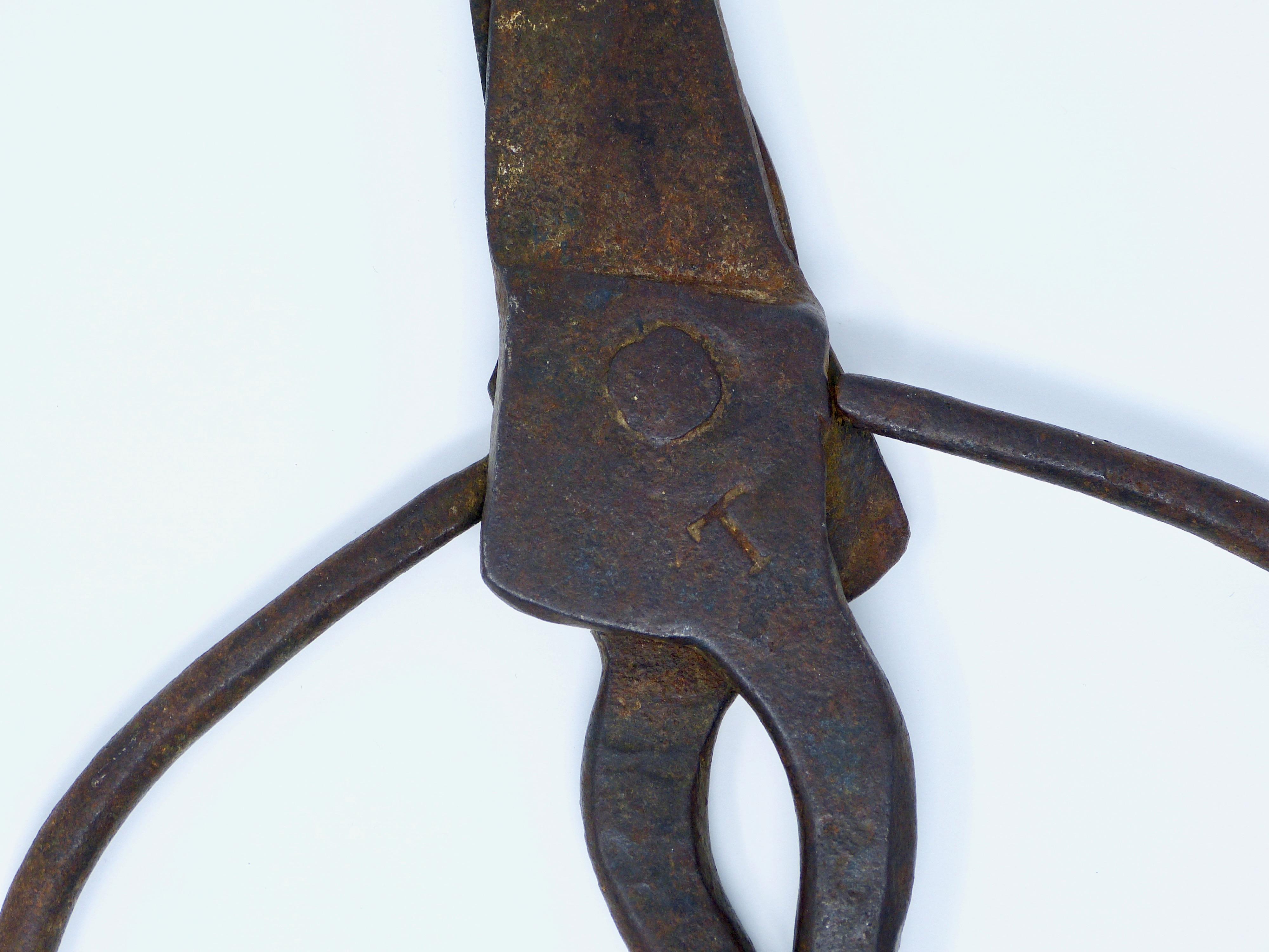 Colonial forged iron scissors 
19th century
Marked with a T
Weight 967 grams 
They were used to cut off sheep hair.