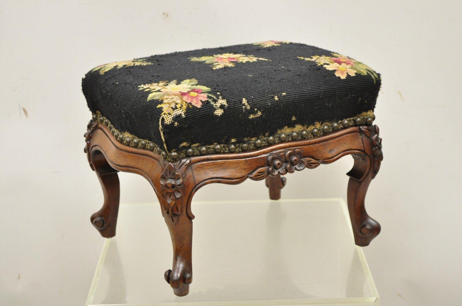 Antique Colonial Furniture Mahogany Needlepoint Footstool Ottoman Stool 7