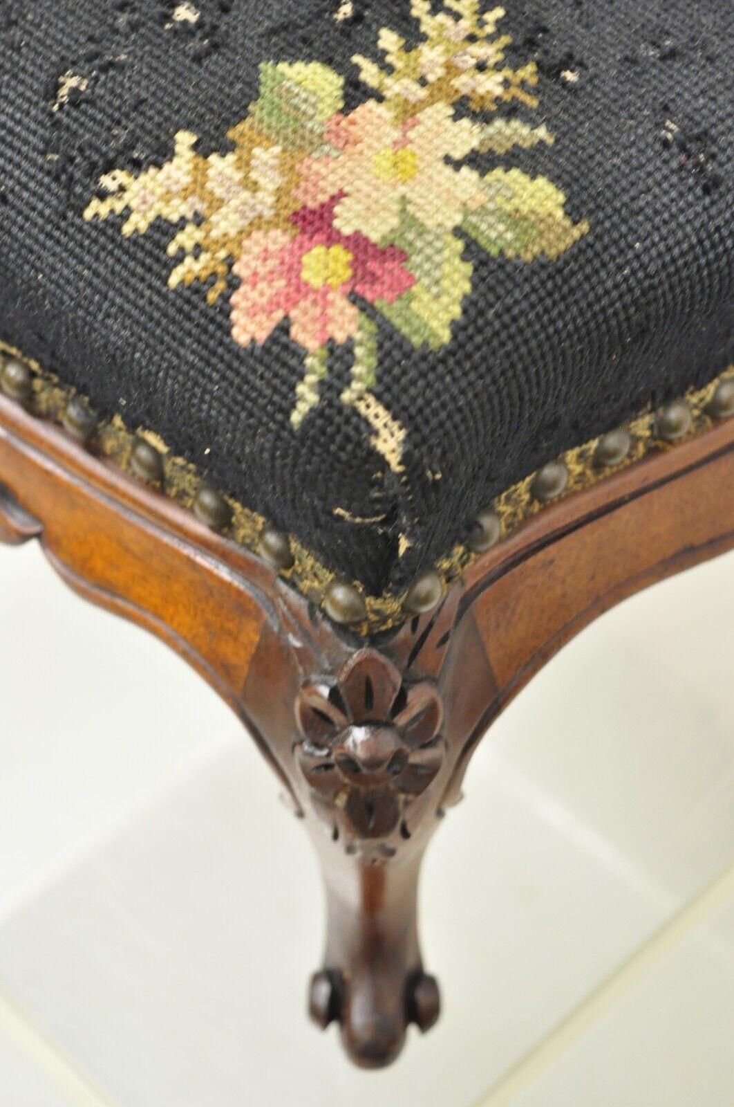 Antique Colonial Furniture Mahogany Needlepoint Footstool Ottoman Stool In Good Condition In Philadelphia, PA