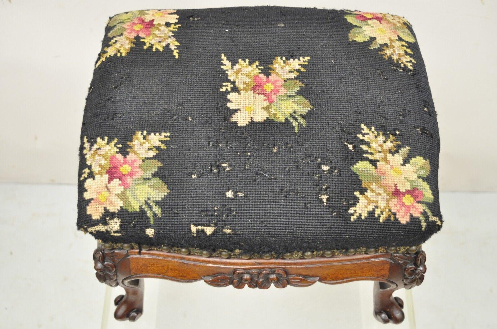 Antique Colonial Furniture Mahogany Needlepoint Footstool Ottoman Stool 4
