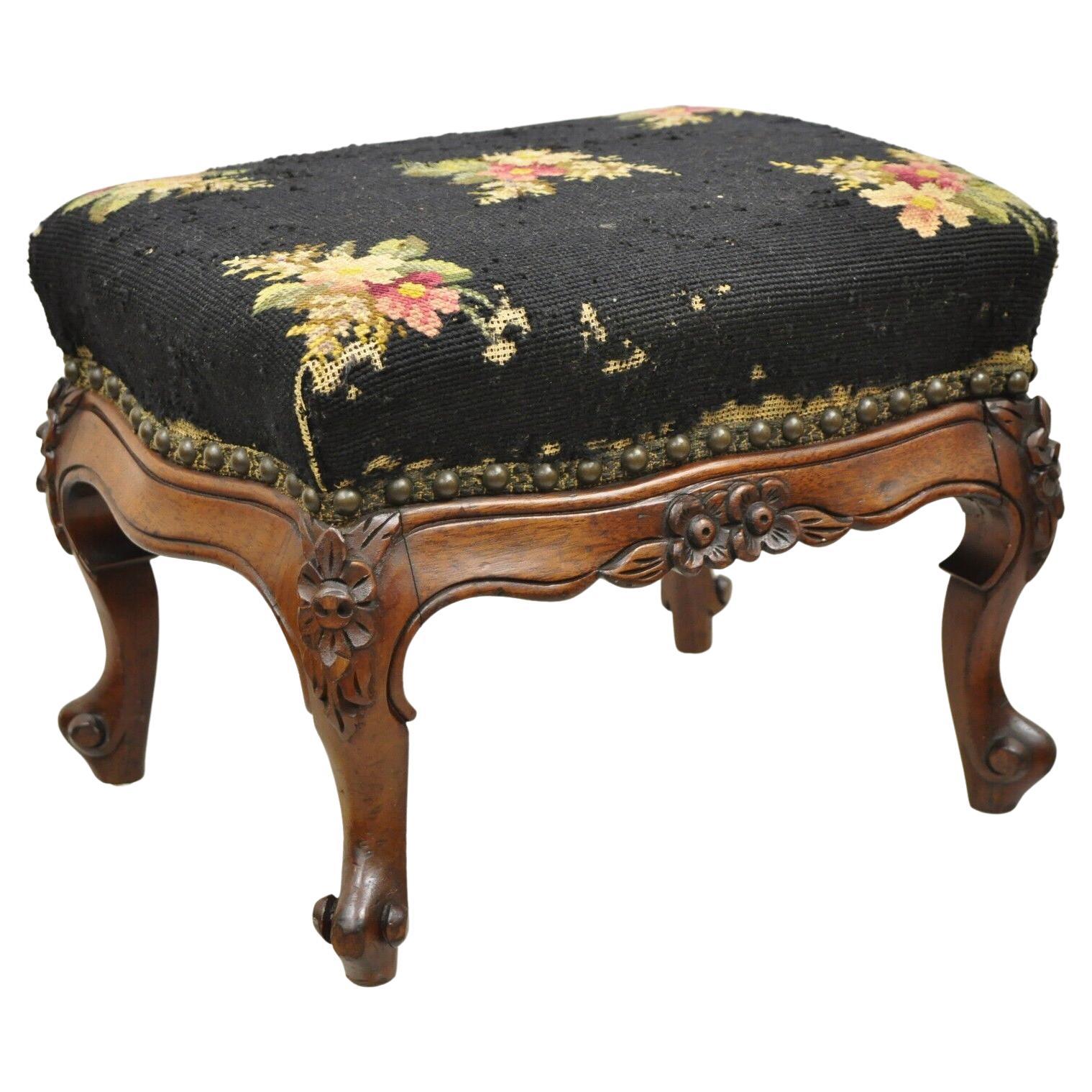Antique Colonial Furniture Mahogany Needlepoint Footstool Ottoman Stool