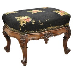 Antique Colonial Furniture Mahogany Needlepoint Footstool Ottoman Stool