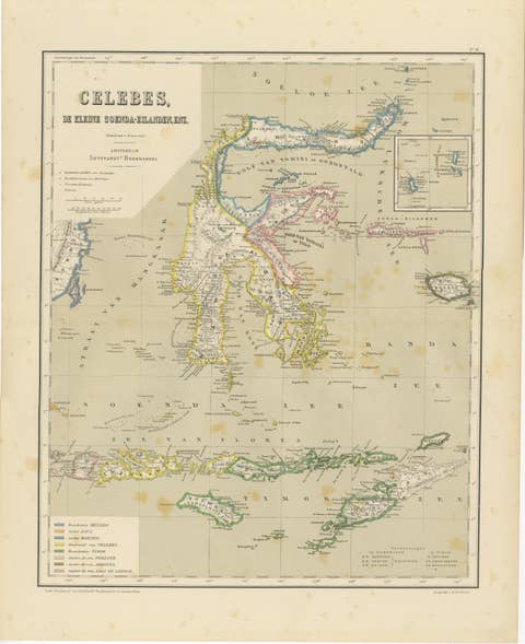 Antique Colonial Map of Celebes Sulawesi & Lesser Sunda Islands, 1884