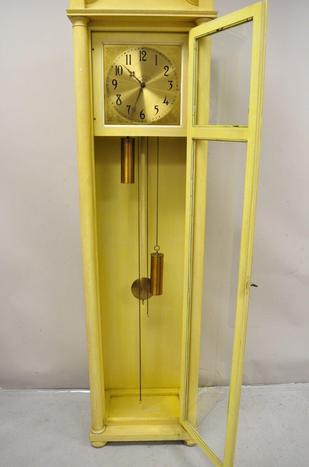Antique Colonial Mfg. Co Beige Painted Tall Case Federal Style Grandfather Clock. Item features a working lock and key, includes all parts pictured. Very nice vintage clock Circa Early 20th Century. Measurements: 81