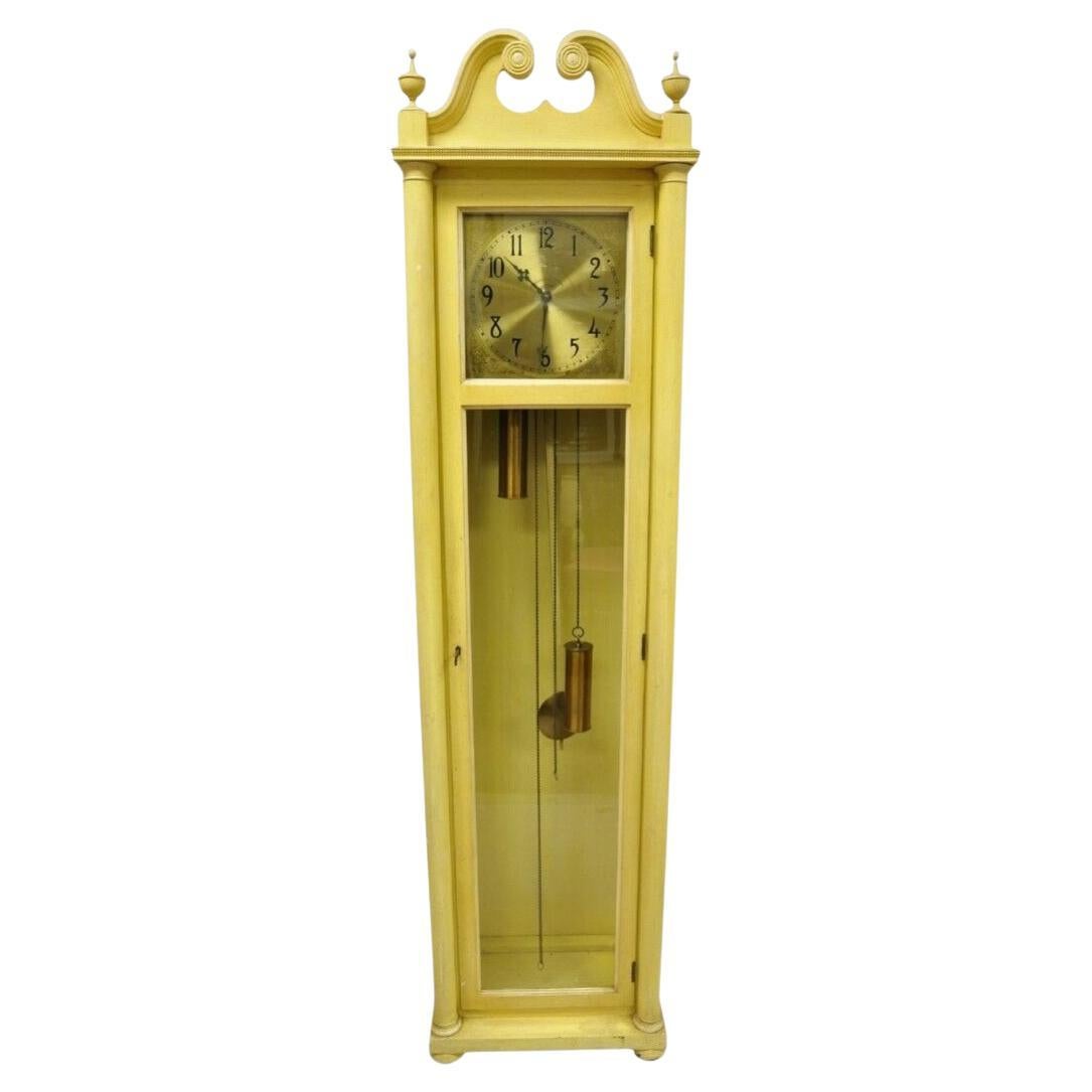 Antique Colonial Mfg Co Beige Painted Tall Case Federal Style Grandfather Clock For Sale