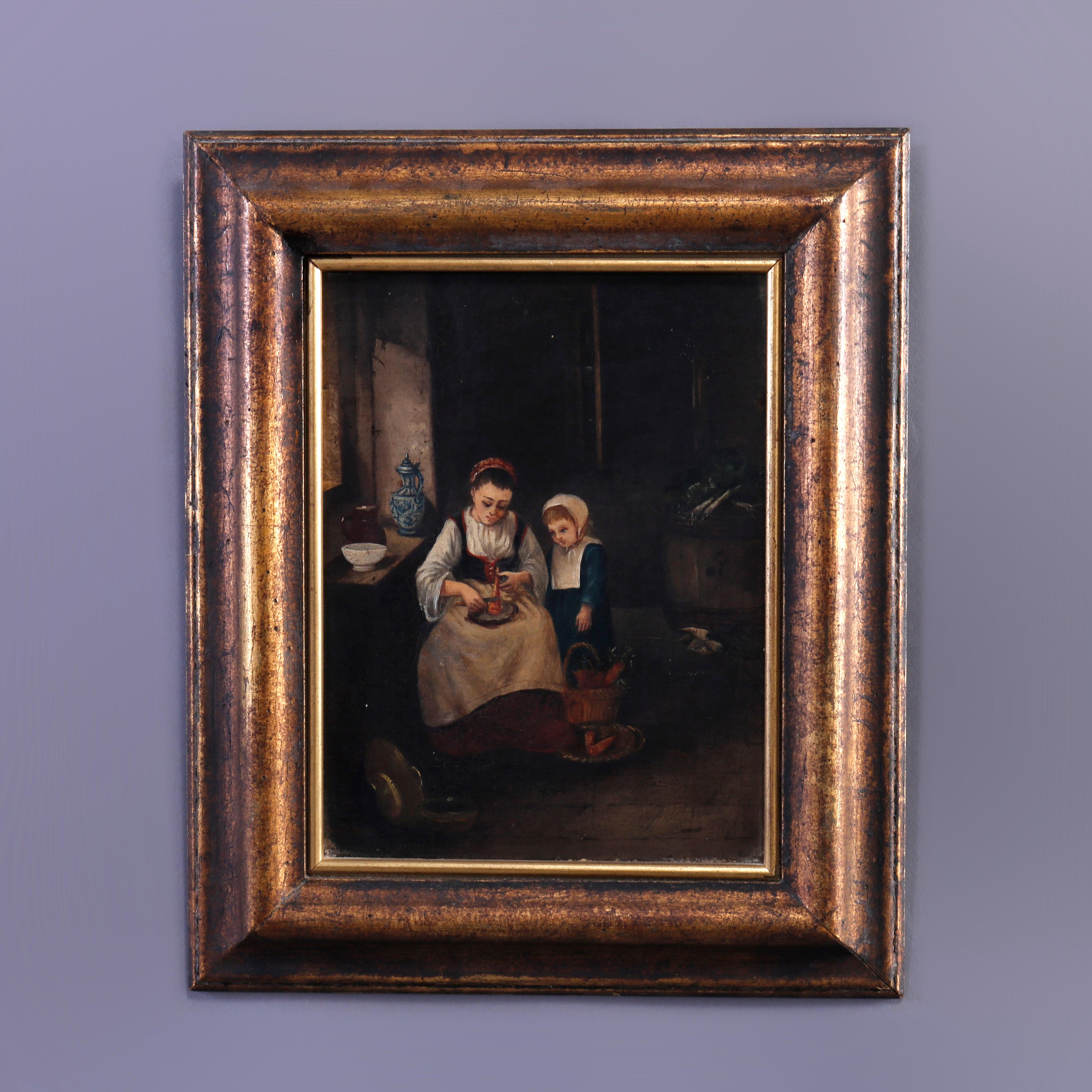 An antique painting offers oil on canvas laid on board Colonial interior genre scene with mother and daughter (or sisters) preparing food, unsigned and seated in giltwoood frame, late 18th or early 19th century

Measures - 13.75'' H x 11.5'' W x