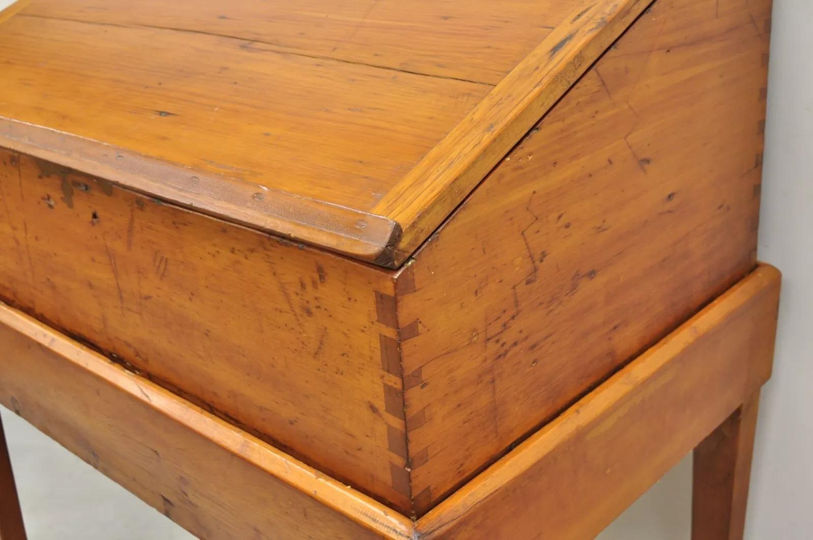 Other Antique Colonial Primitive Pine Wood Lift Top Schoolmaster's Storage Desk For Sale