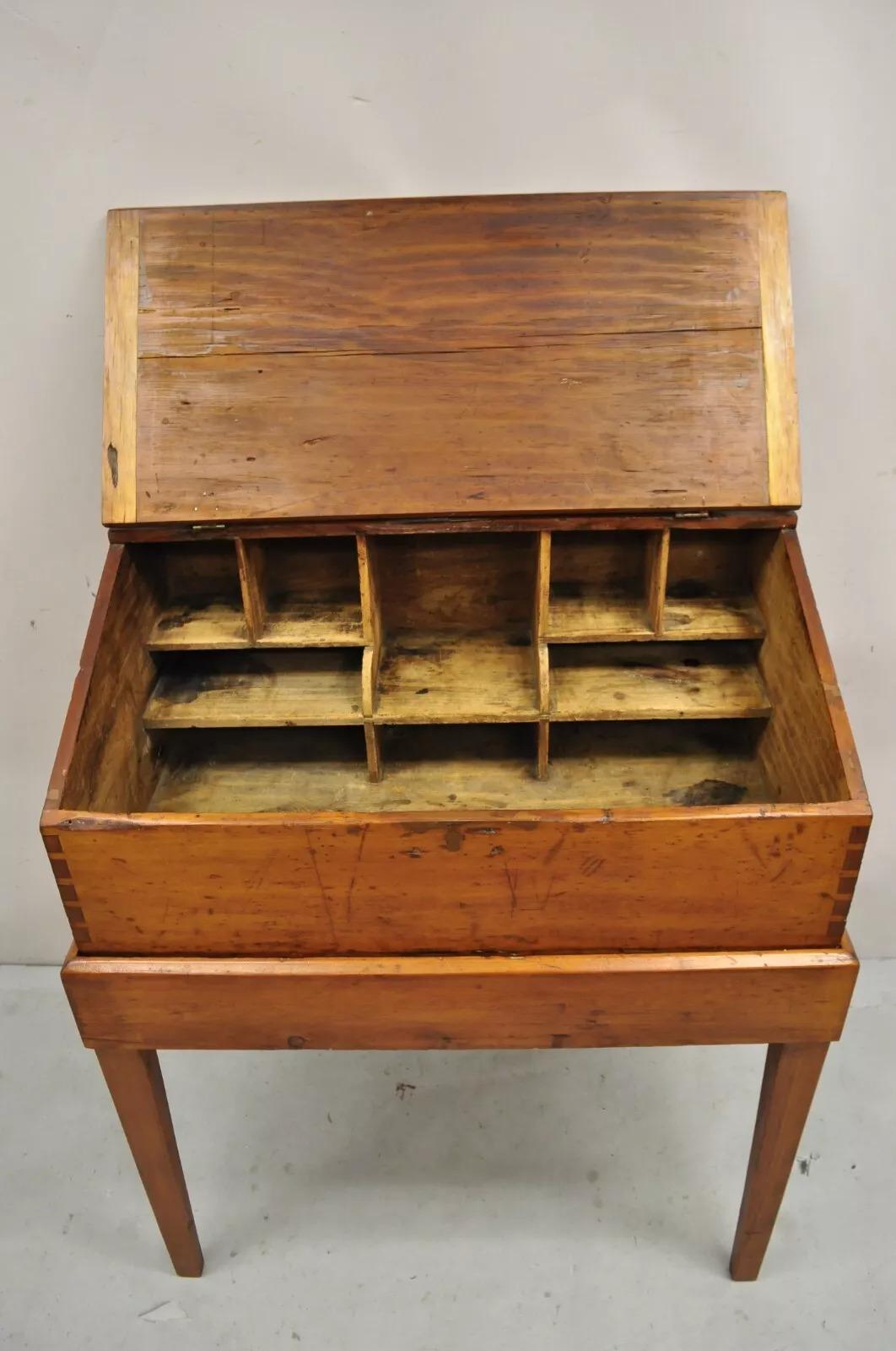 Antique Colonial Primitive Pine Wood Lift Top Schoolmaster's Storage Desk For Sale 1