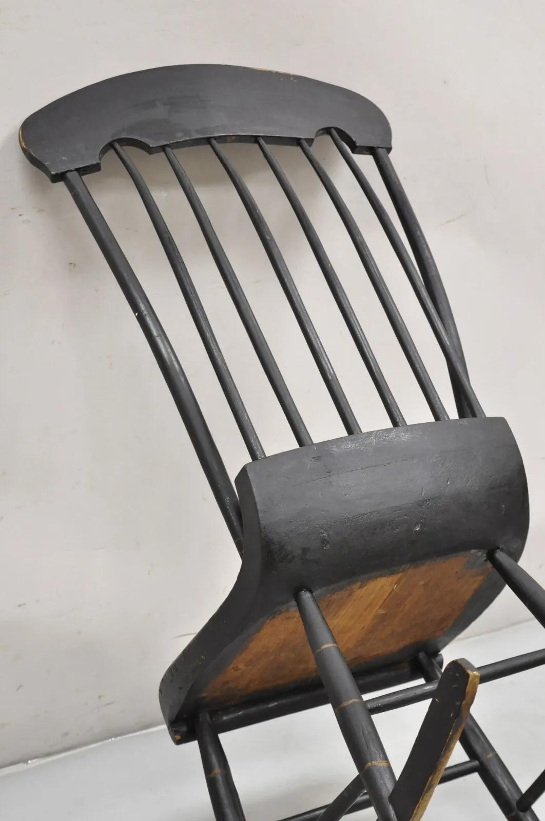 Antique Colonial Stencil Back Black Painted Plank Bottom Rocker Rocking Chair For Sale 4
