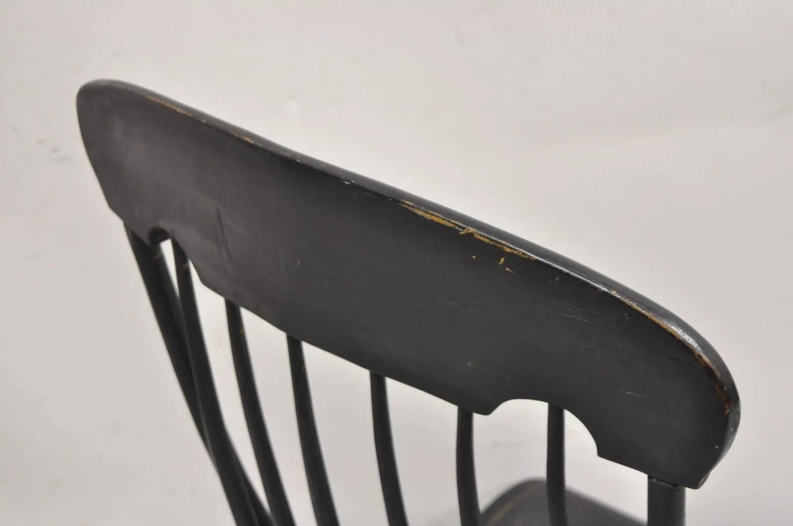 Antique Colonial Stencil Back Black Painted Plank Bottom Rocker Rocking Chair For Sale 5