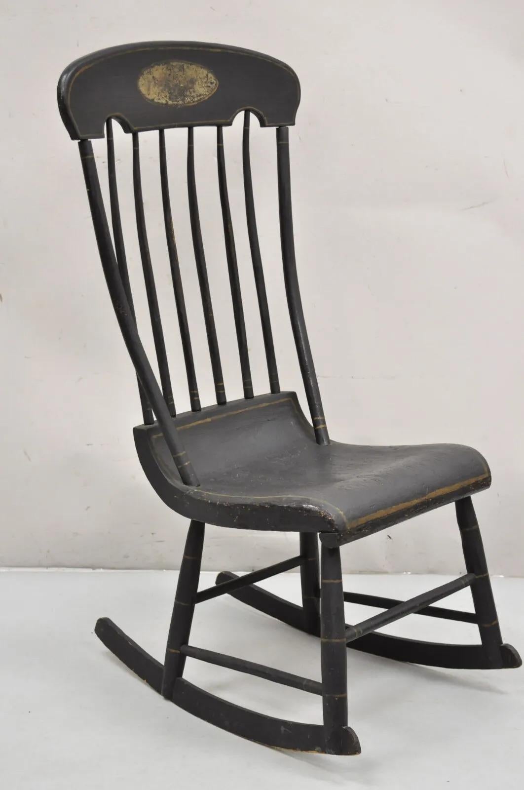 Antique Colonial Stencil Back Black Painted Plank Bottom Rocker Rocking Chair For Sale 6