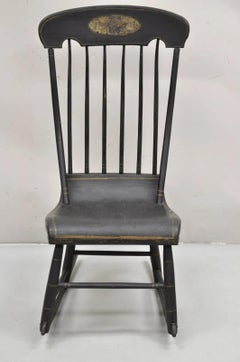Antique Colonial Stencil Back Black Painted Plank Bottom Rocker Rocking Chair