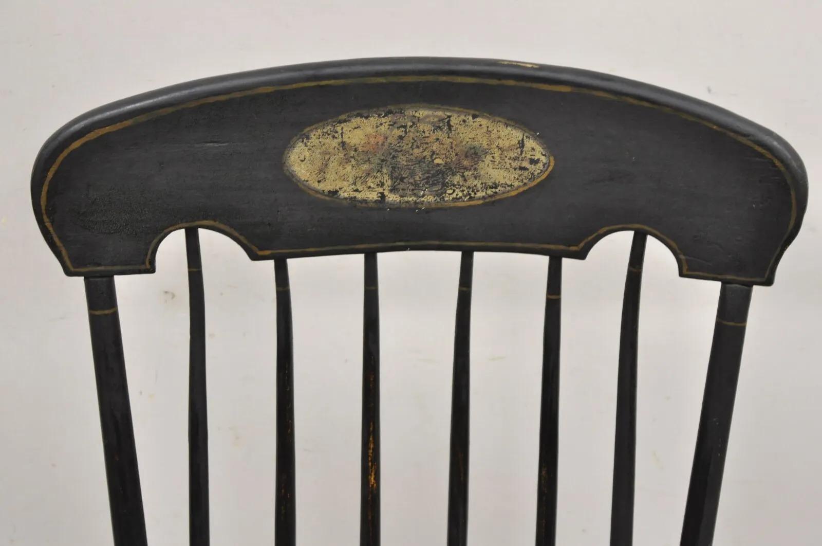 Antique Colonial Stencil Back Black Painted Plank Bottom Rocker Rocking Chair In Good Condition For Sale In Philadelphia, PA