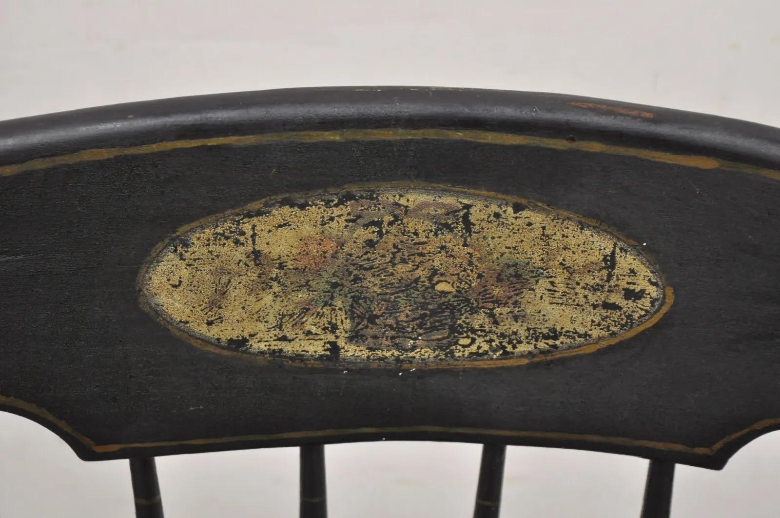 19th Century Antique Colonial Stencil Back Black Painted Plank Bottom Rocker Rocking Chair For Sale